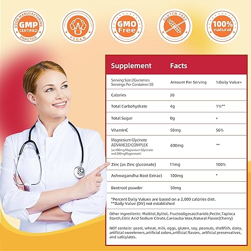 Miniatura 4 de 60 unidades de gomitas de glicinato de magnesio de 400 mg con L-treonato de magnesio y suplemento de Ashwagandha  Suplemento de glicinato de