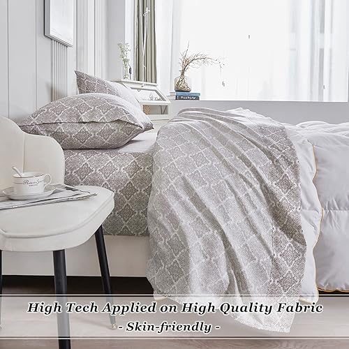 Miniatura 2 de HIG Juego de sábanas de 4 piezas con estampado de damasco de microfibra prelavada con bolsillo profundo de 14 pulgadas, juego de sábanas florales