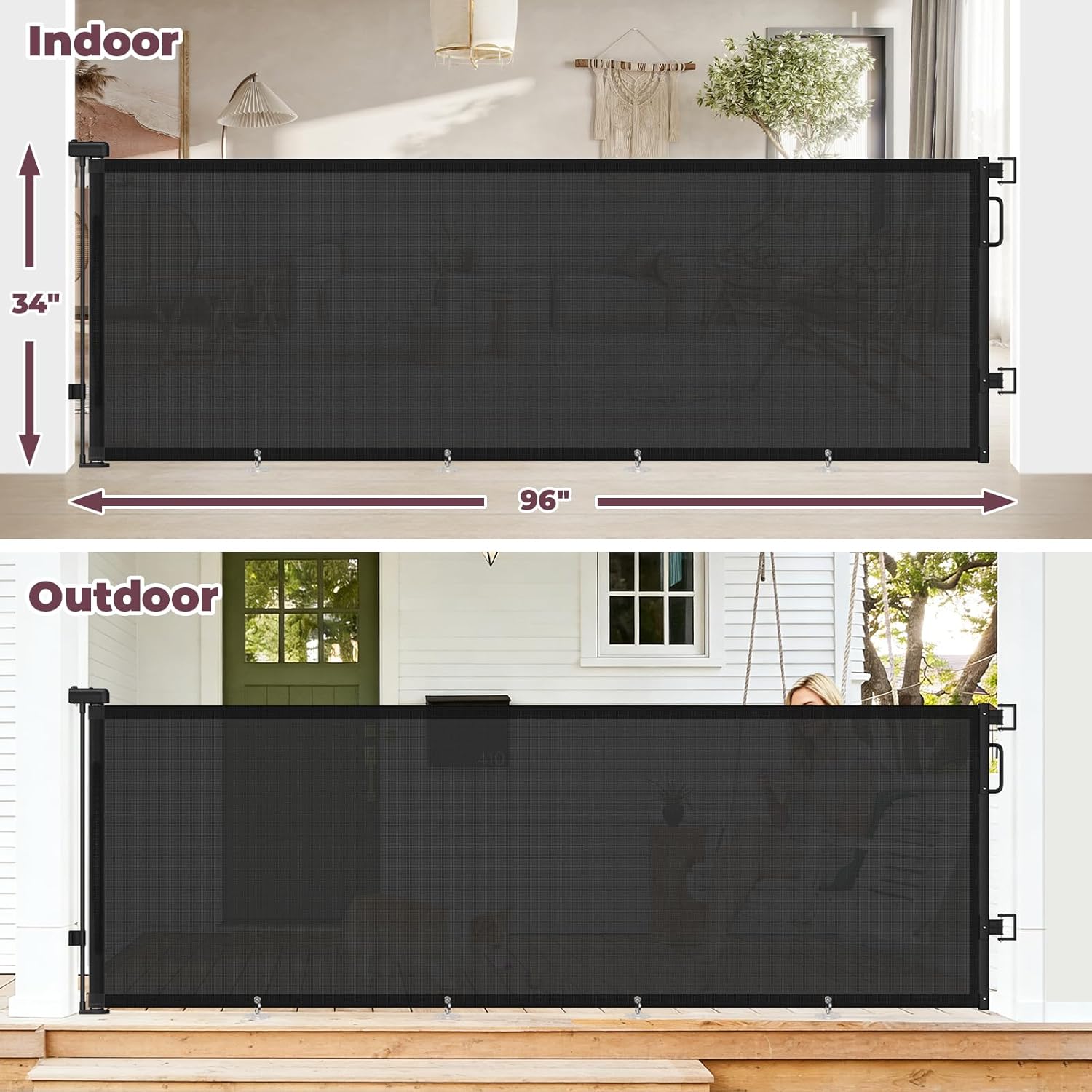 96" retractable baby gates large openings, extra wide mesh dog gate for garage deck porch, strong suction disc prevent crawling under, 34" tall long safety gate for child indoor outdoor, black black 34" tall x 96" wide
