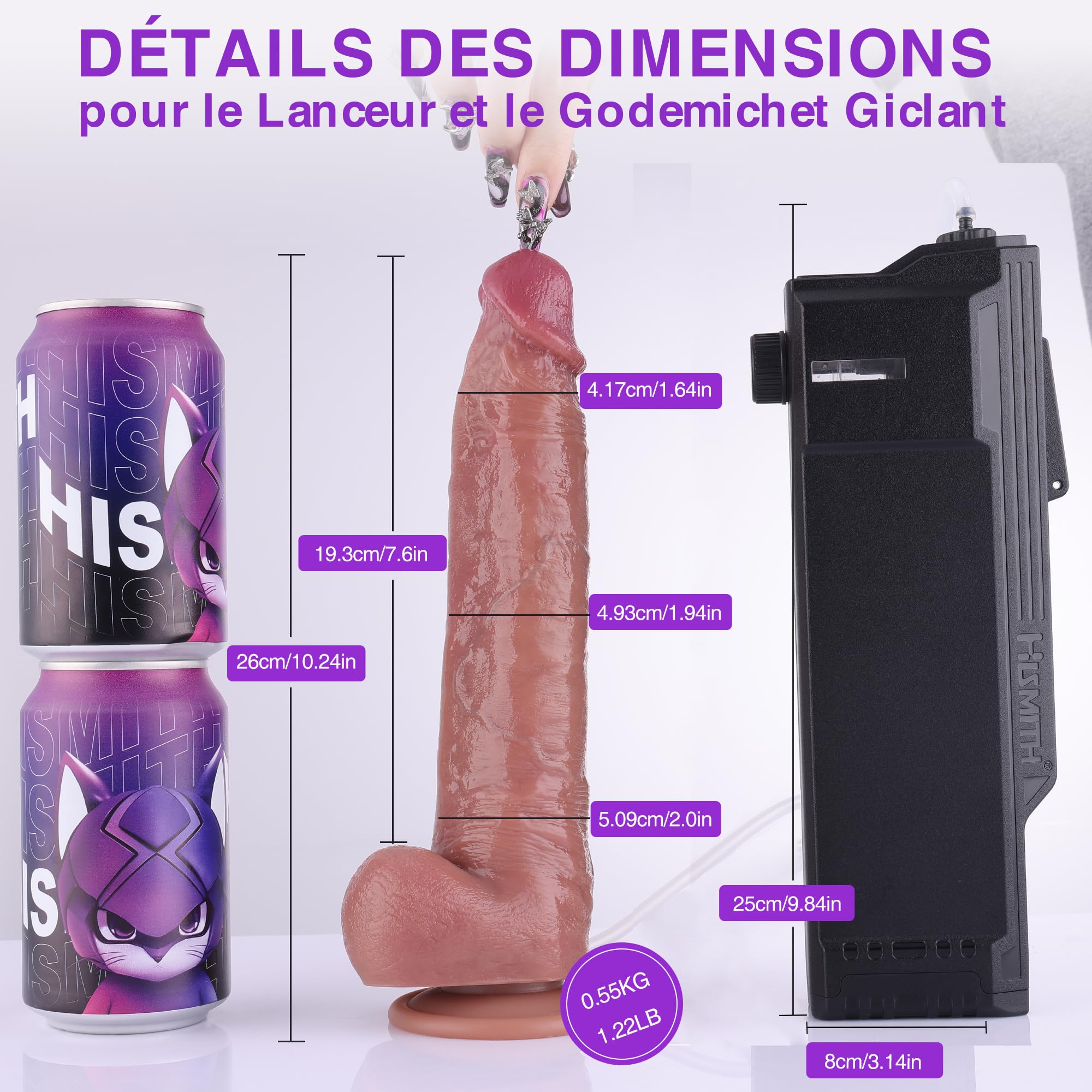 Hismith Godemichet Réaliste Giclant 26 cm avec Lanceur Automatique de Lubrifiant – Applicateur de Lubrifiant Compatible Sex Machines, Contrôle via Application, Godemichet en Silicone avec Ventouse