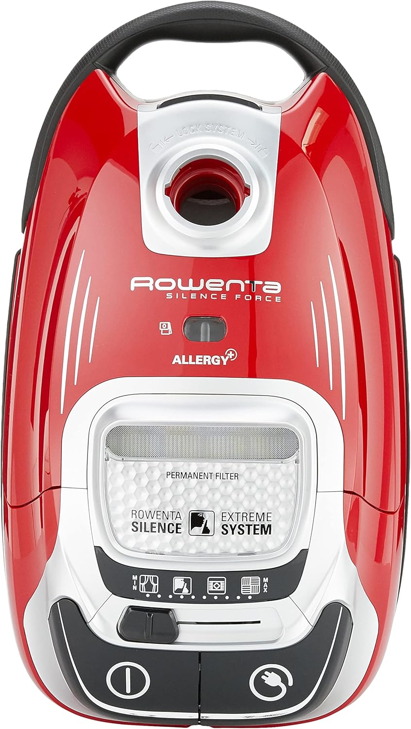 Yläosa view of Rowenta Silence Force vacuum cleaner, showing the dust bag compartment and controls.