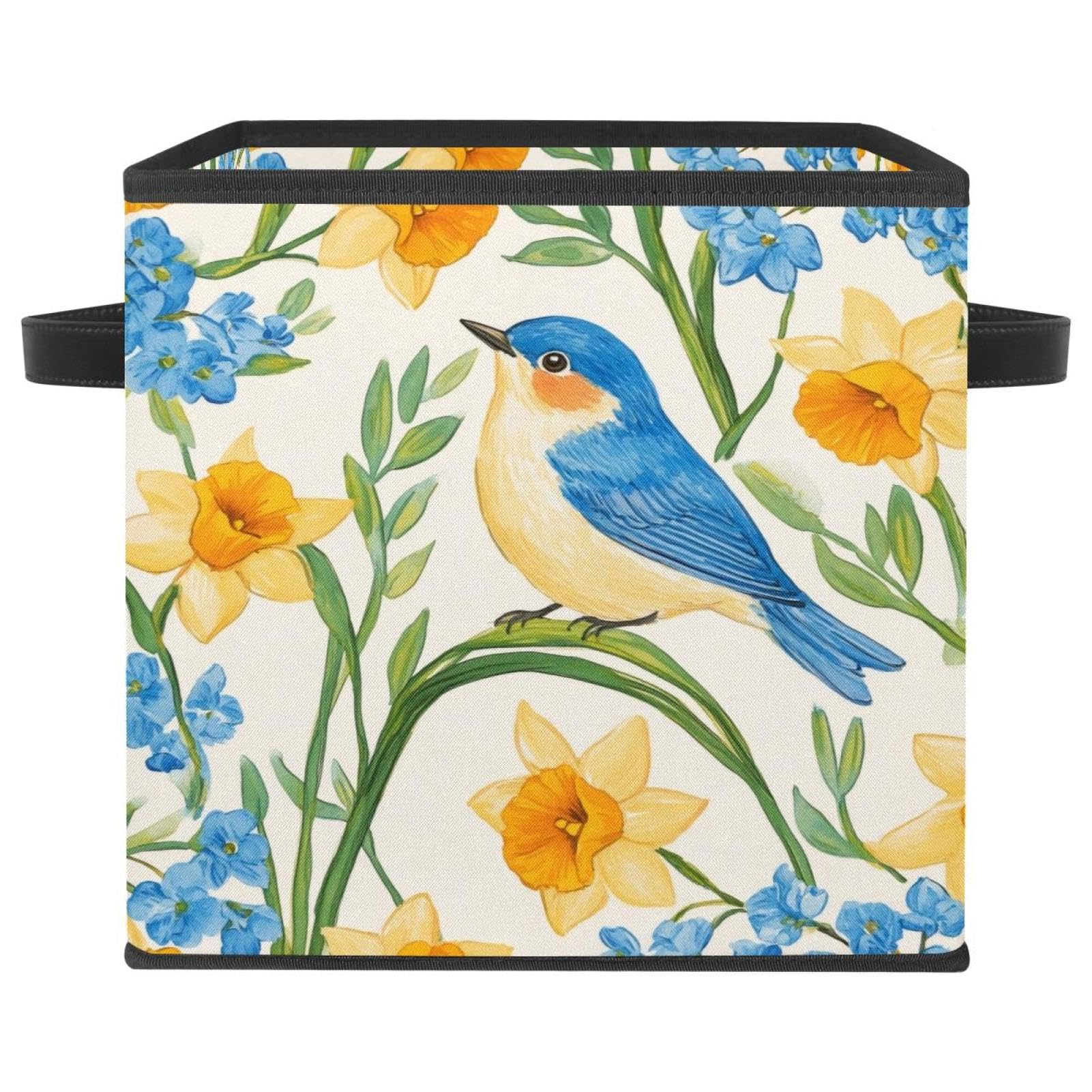 Boîte de rangement cube bleue oiseaux et jonquilles en tissu Oxford 28cm