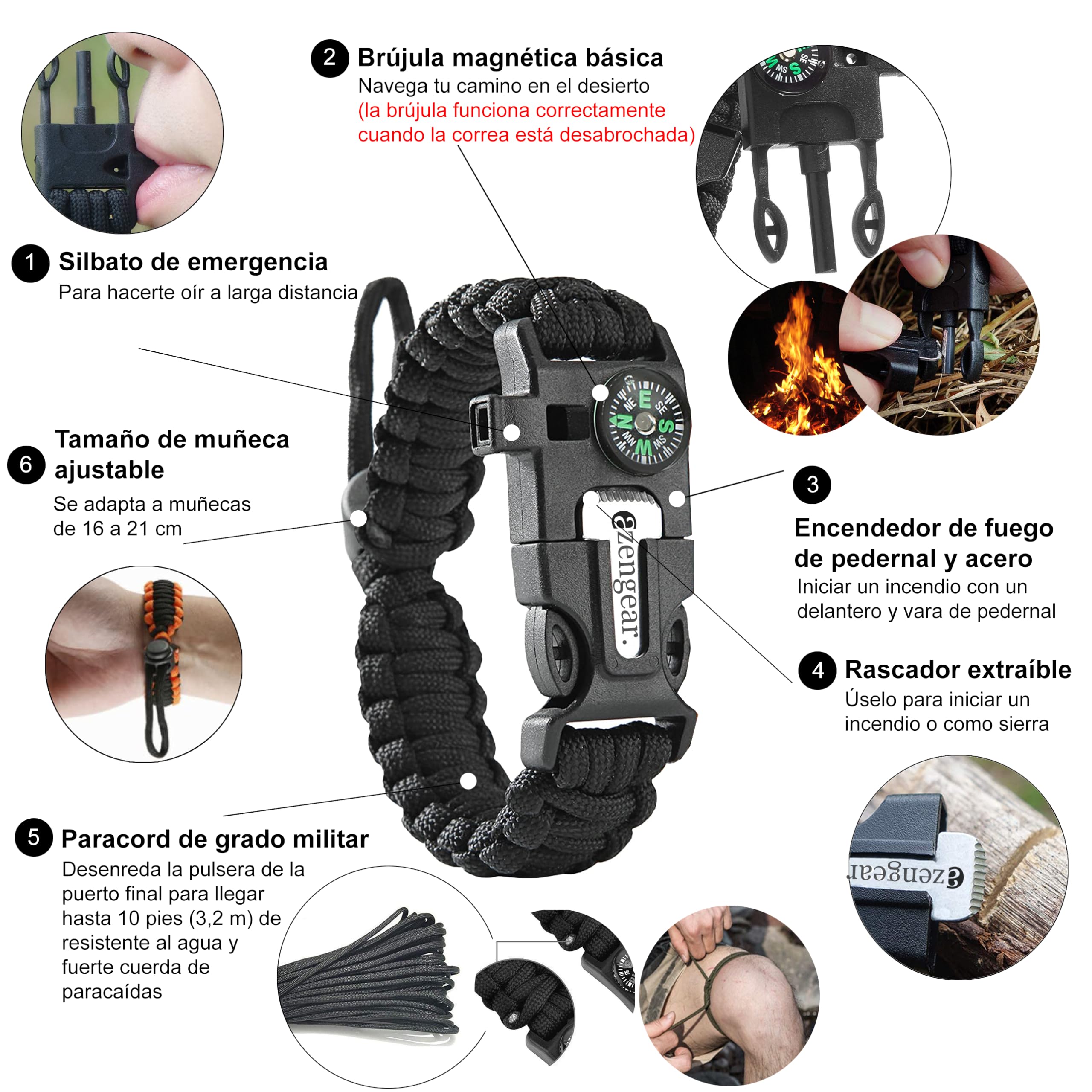 aZengear Pulsera de Supervivencia Paracord (Par) Iniciador de Fuego de Ferrocerio, Silbato, Brújula, Mini Sierra, Cuerda de Rescate Fuerte, Tamaño de Banda Ajustable, Camping, Kit de Emergencia