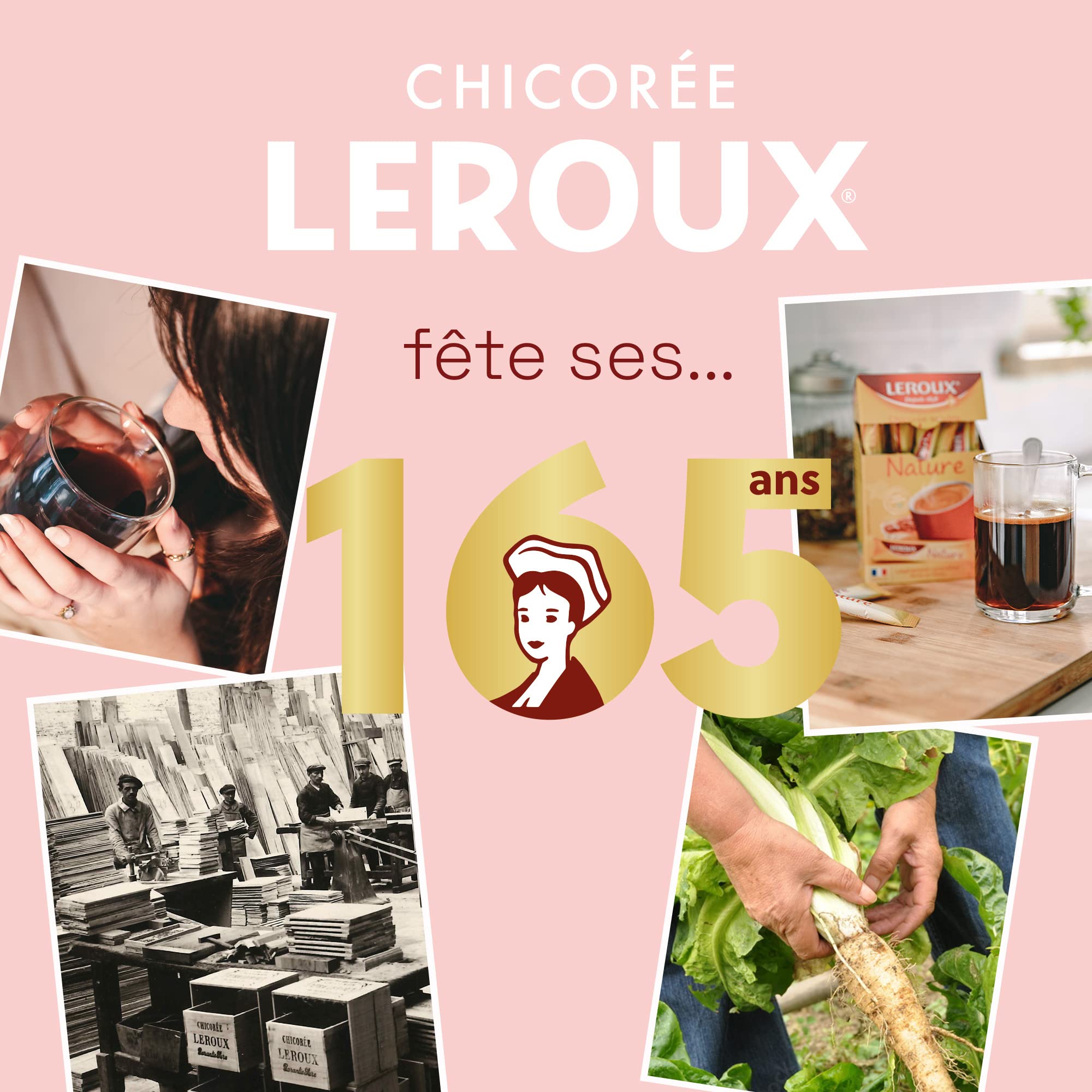 Leroux - Chicorée Soluble Nature en Sticks - 100% d'Origine Végétale - Chicorée Torréfiée, Goût Légèrement Caramélisé - Riche en Fibres, Sans Sucres Ajoutés - Lot de 6 Boites de 20 Sticks