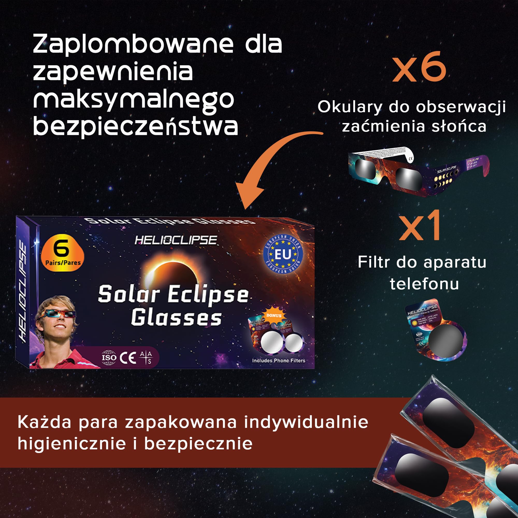 Okulary do oglądania zaćmienia Słońca Helioclipse 6 szt. 2026 - Przeznaczone do bezpiecznego oglądania zaćmienia Słońca - Zestaw 6 szt. - Bonus 1x filtr do telefonu