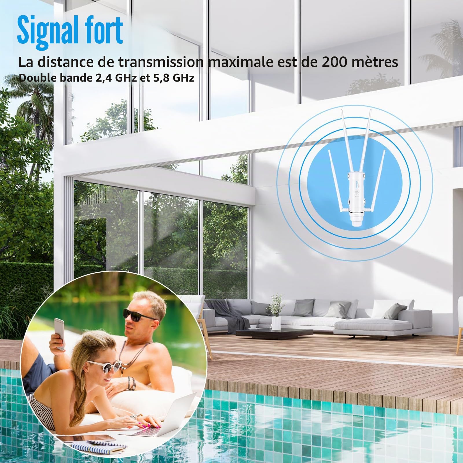 Répéteur WiFi Extérieur AC1200 Mesh IP65 PoE Double Bande 4 Modes | Antenne WiFi longue portée Amplificateur WiFi puissant Borne WiFi extérieure pour jardin garage terrasse caméra