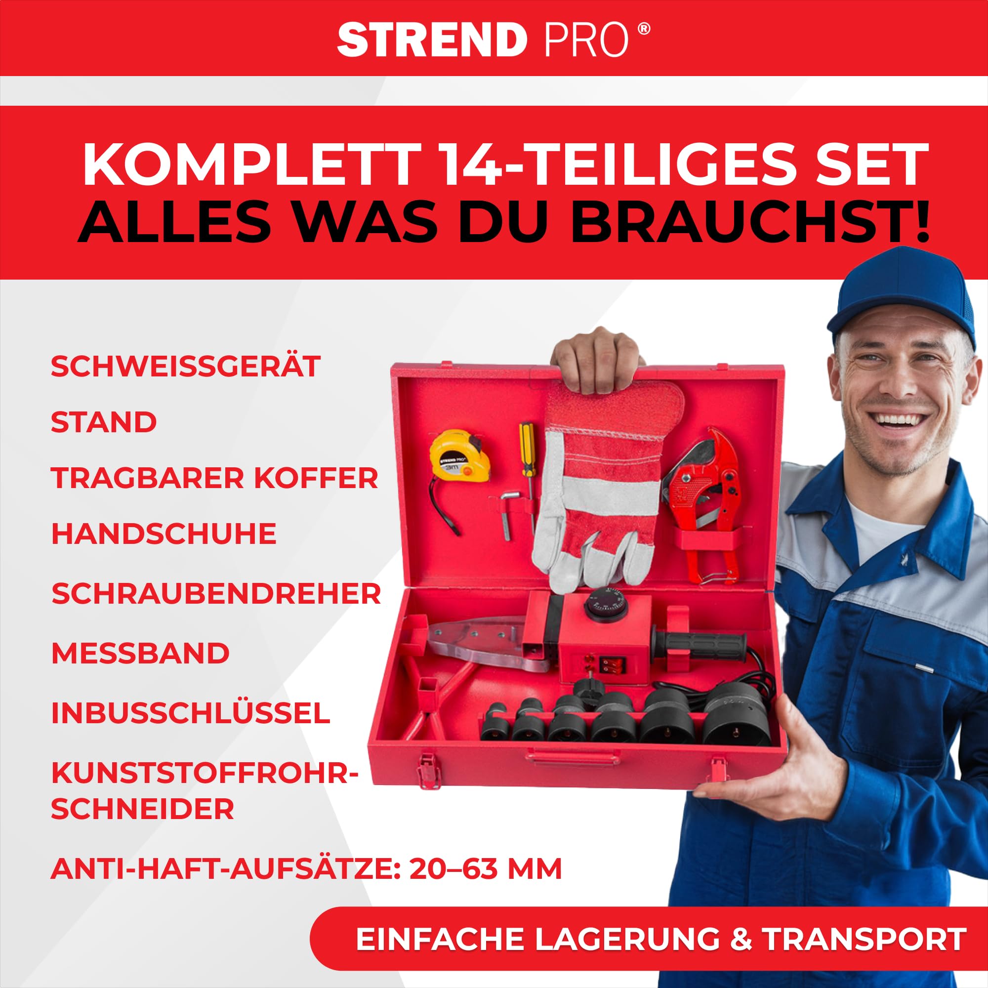 STREND PRO Muffenschweißgerät |1500W Polyfusions | Schweißgerät für Kunststoffrohre Ø20–63 mm - PPR, PE | Profi-Rohrschweißgerät mit 14-teiligem Zubehör | 0–300°C Temperaturregelung | Schweißgerät
