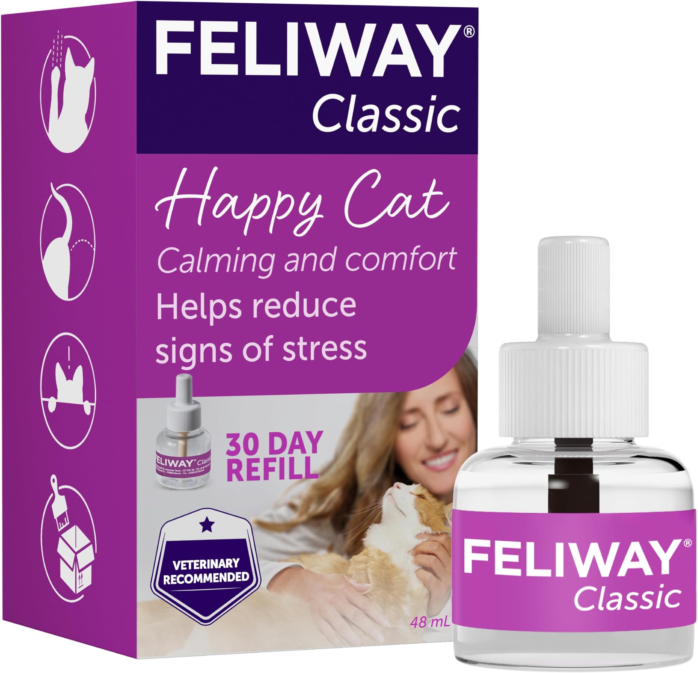 FELIWAY Classic 30 Day Cat Calming Odourless Refill for Pheromone Diffuser, 48ml - Helps Solve Common Signs of Stress in Cats & Kittens, Veterinary Recommended, Drug-free, Clinically Proven