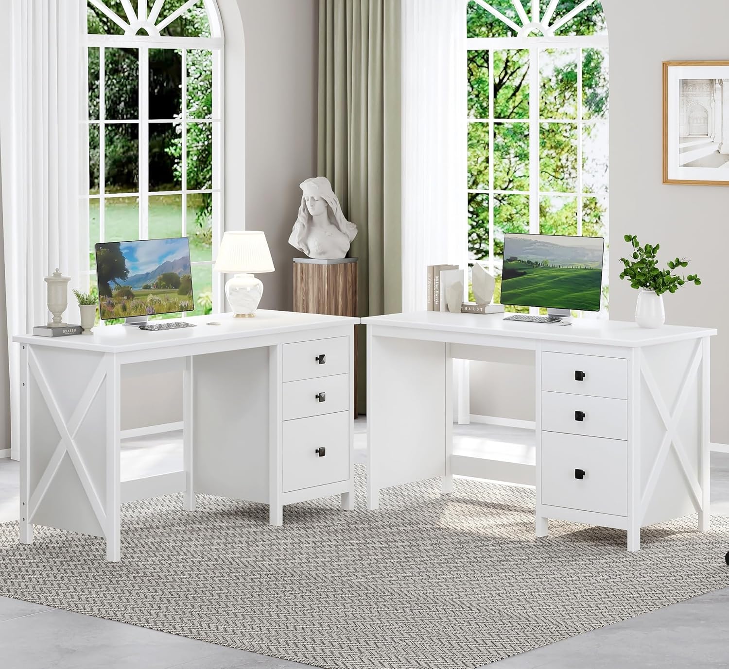 JSB 47.2'' White Computer Desk for Home Office,Farmhouse Executive Desk with 3 File Drawers,Study Writing Table Storage Cabinet,Makeup Vanity Desk for Bedroom (White, 47.2in)