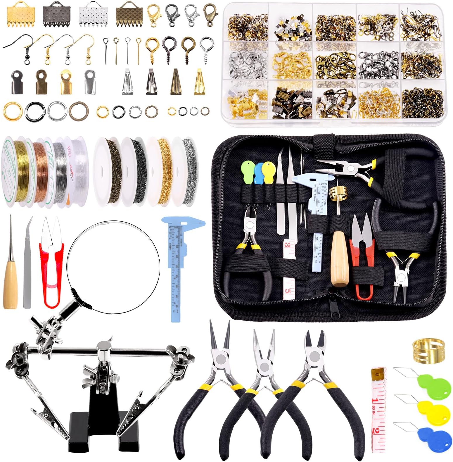 Jewelry Making Supplies Kit with Helping Hands Magnifier, Pliers, Wires, Findings & Beading Tools - 1489pcs, Non-Foldable, For Teens & Adults