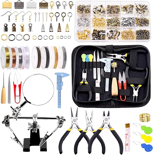 Hilitchi Kit de suministros para fabricación de joyas, 1489 piezas, con lupa de manos de ayuda, alambres de joyería, herramientas de reparación de