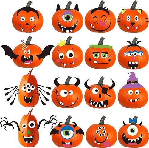 DIYASY Kit de manualidades de decoración de calabaza de espuma, 32 piezas de calcomanías de cara de calabaza de Halloween para niños, decoración de