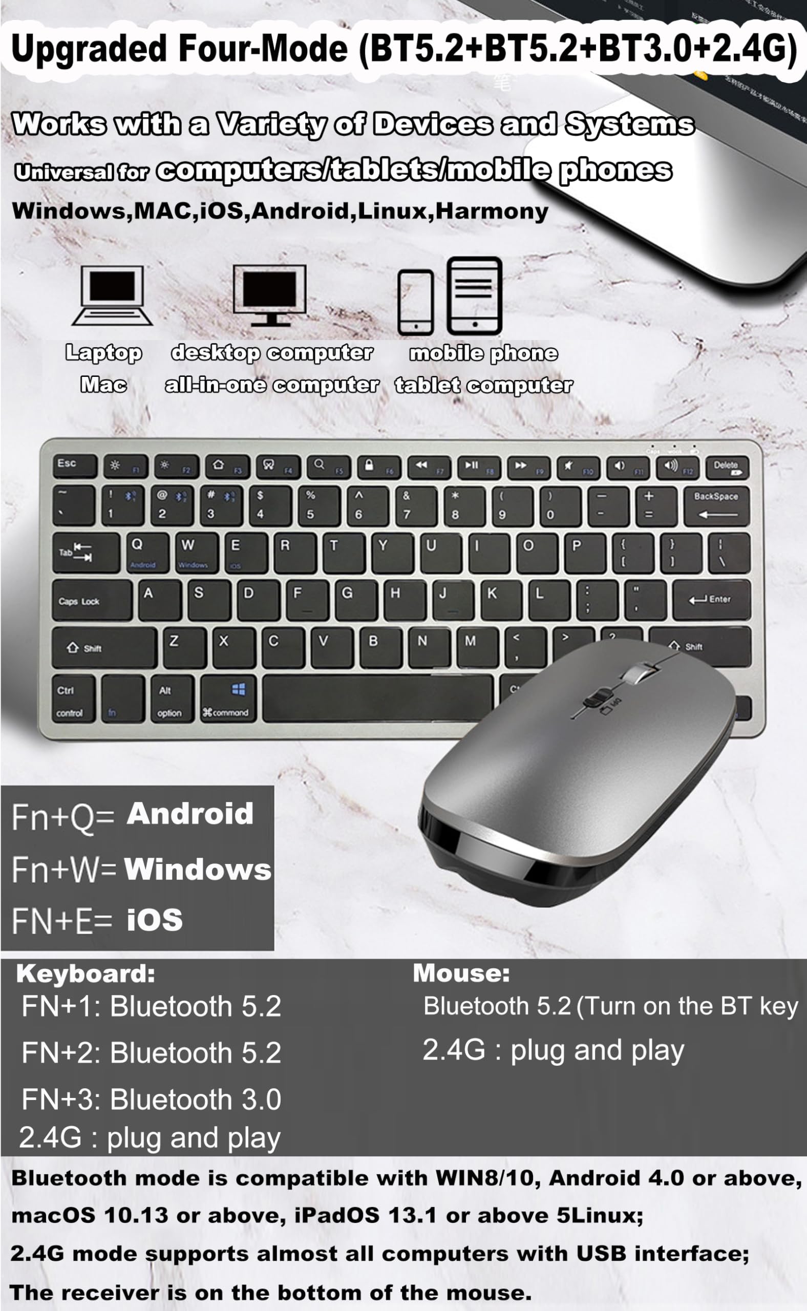 Ensembles Clavier et Souris sans Fil 2.4Ghz & 3 Bluetooth,Clavier Souris sans Fil Rechargeable Ultra-Fin Compact,Souris Silencieuse 3 D-PI Réglables,pour Ordinateur/PC/Laptop/Windows/Mac,QWERTY, Noir
