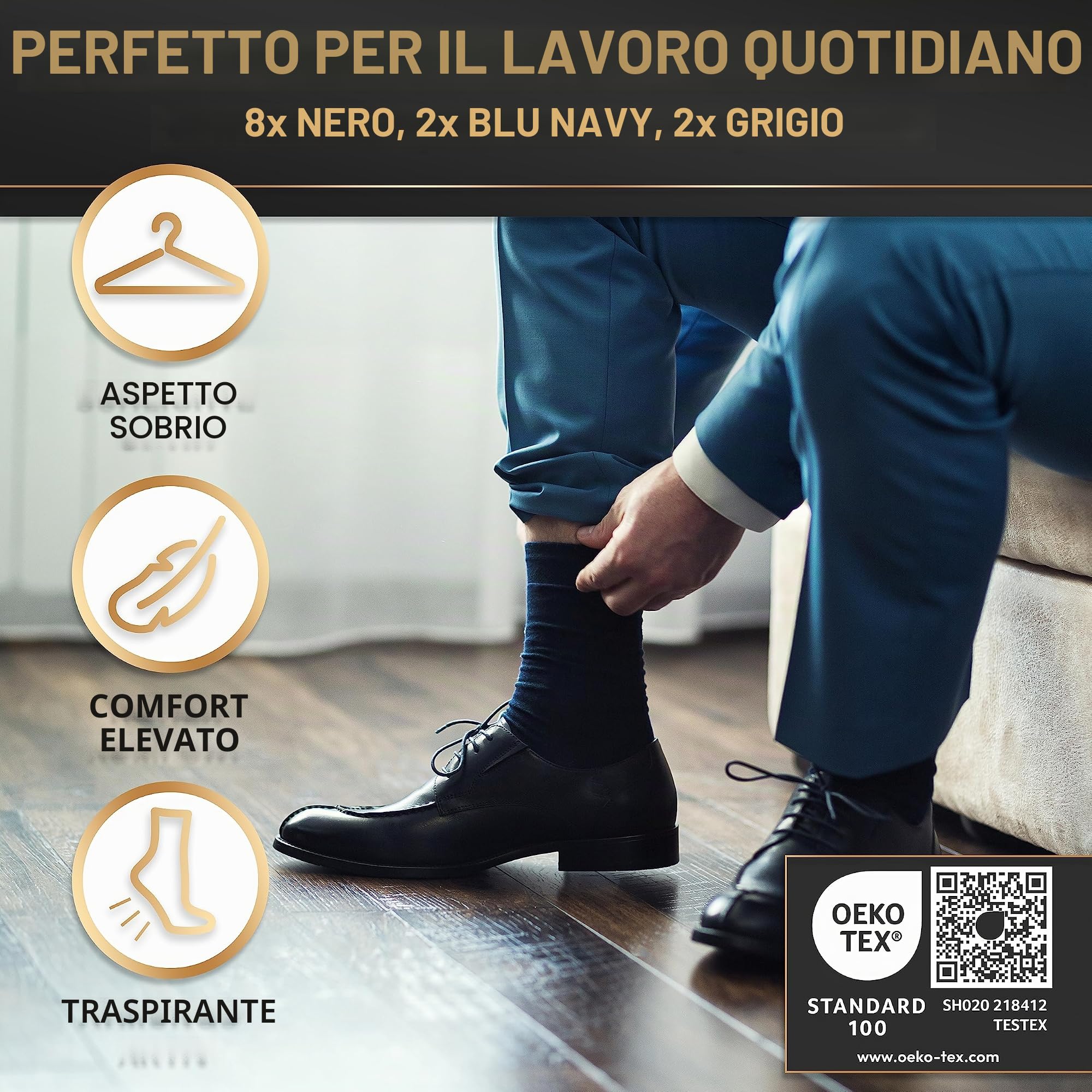 Heldenwerk Confezione da 12 calzini uomo in cotone traspirante senza cuciture d'affari abito 8 neri 2 grigi blu