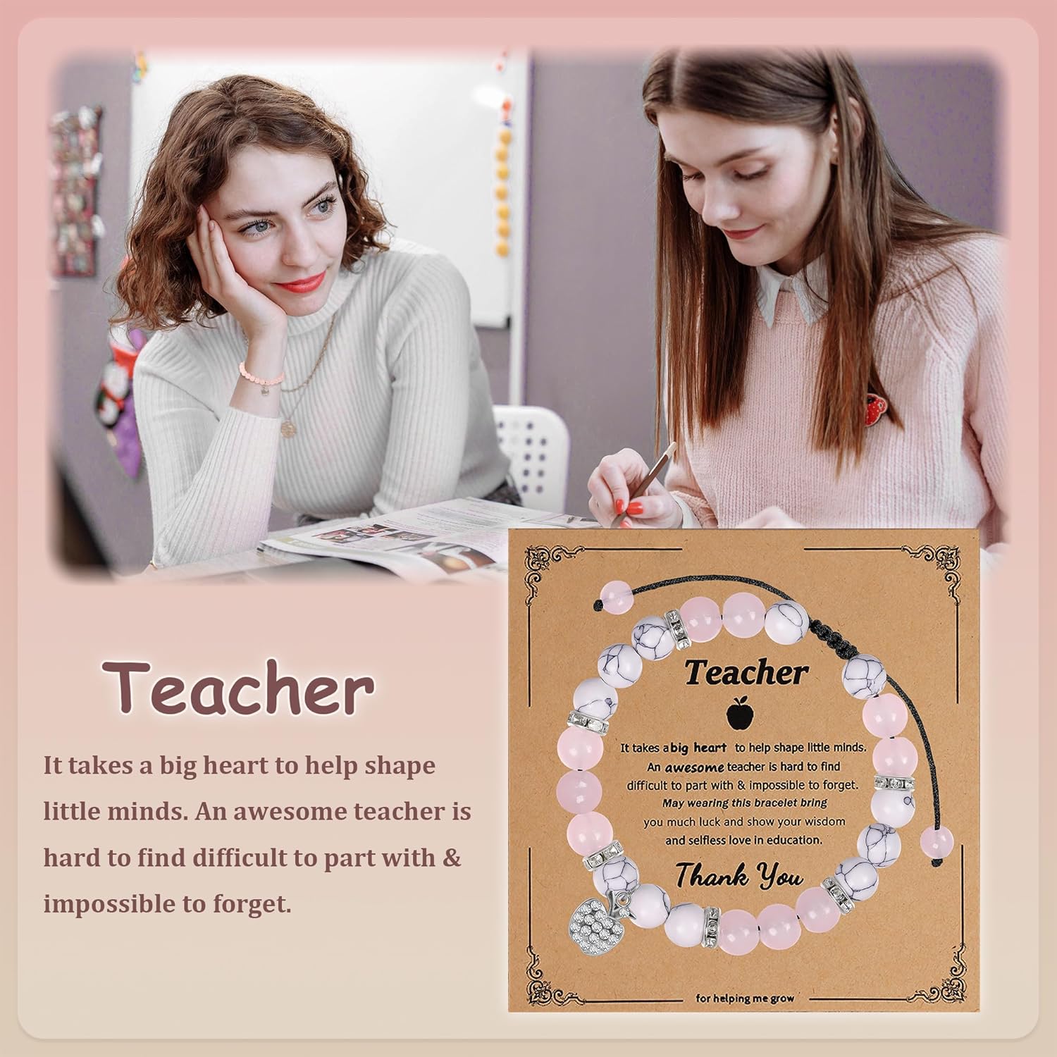 6Pcs Teacher Appreciation Gift Women Natural Stone Bracelet Beaded Braided Rope Bracelet Gift for Teacher with Meaningful Card Thank You Teacher Gift - Image 4