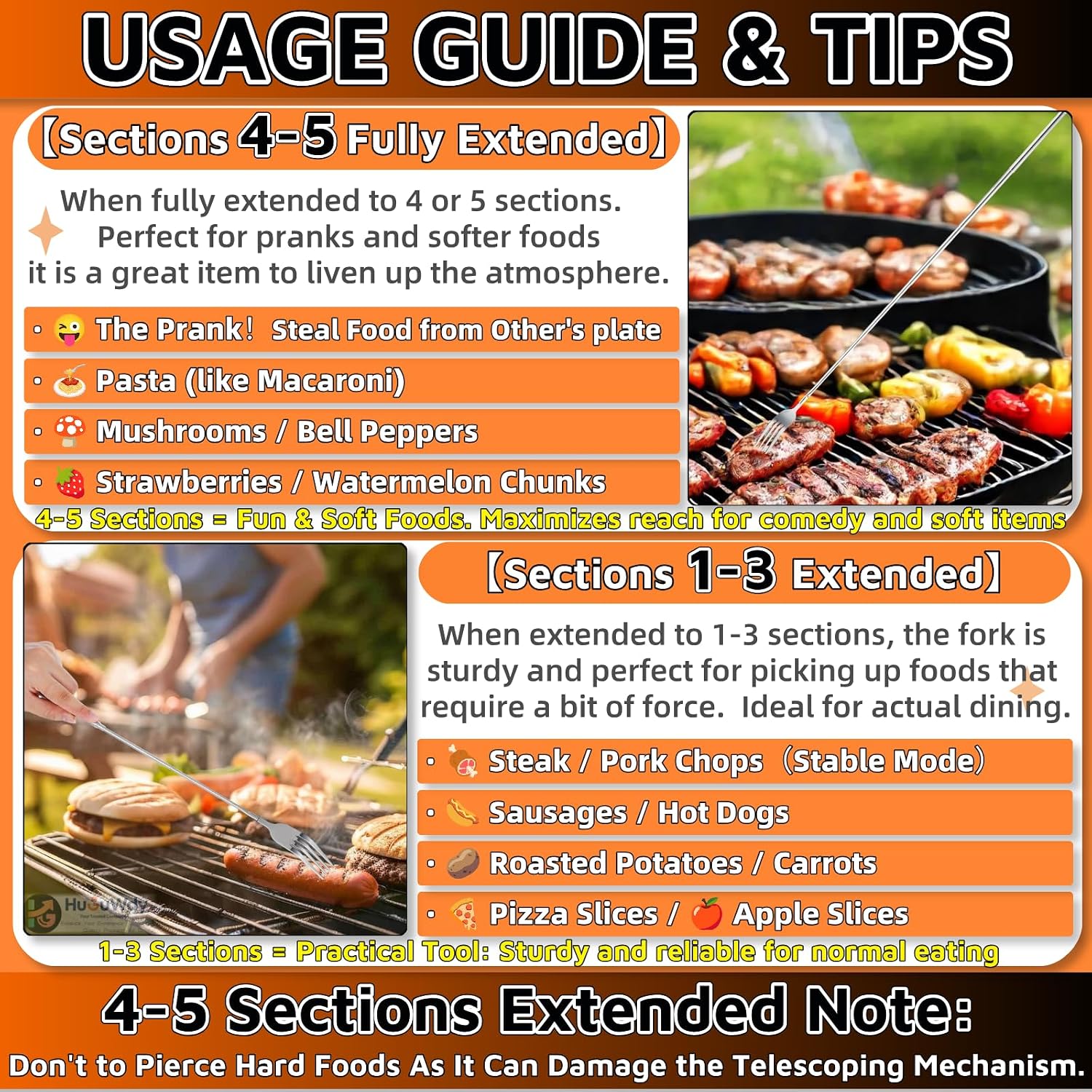 Extendable Fork Prank 2PCS，Expandable Fork Prank Joke 304 Stainless Steel with 8.7'' to 25.4'' Extendable Handle，Ideal for Christmas Party Camping Picnic for BBQ Fruit Dessert Dinner Create laughter