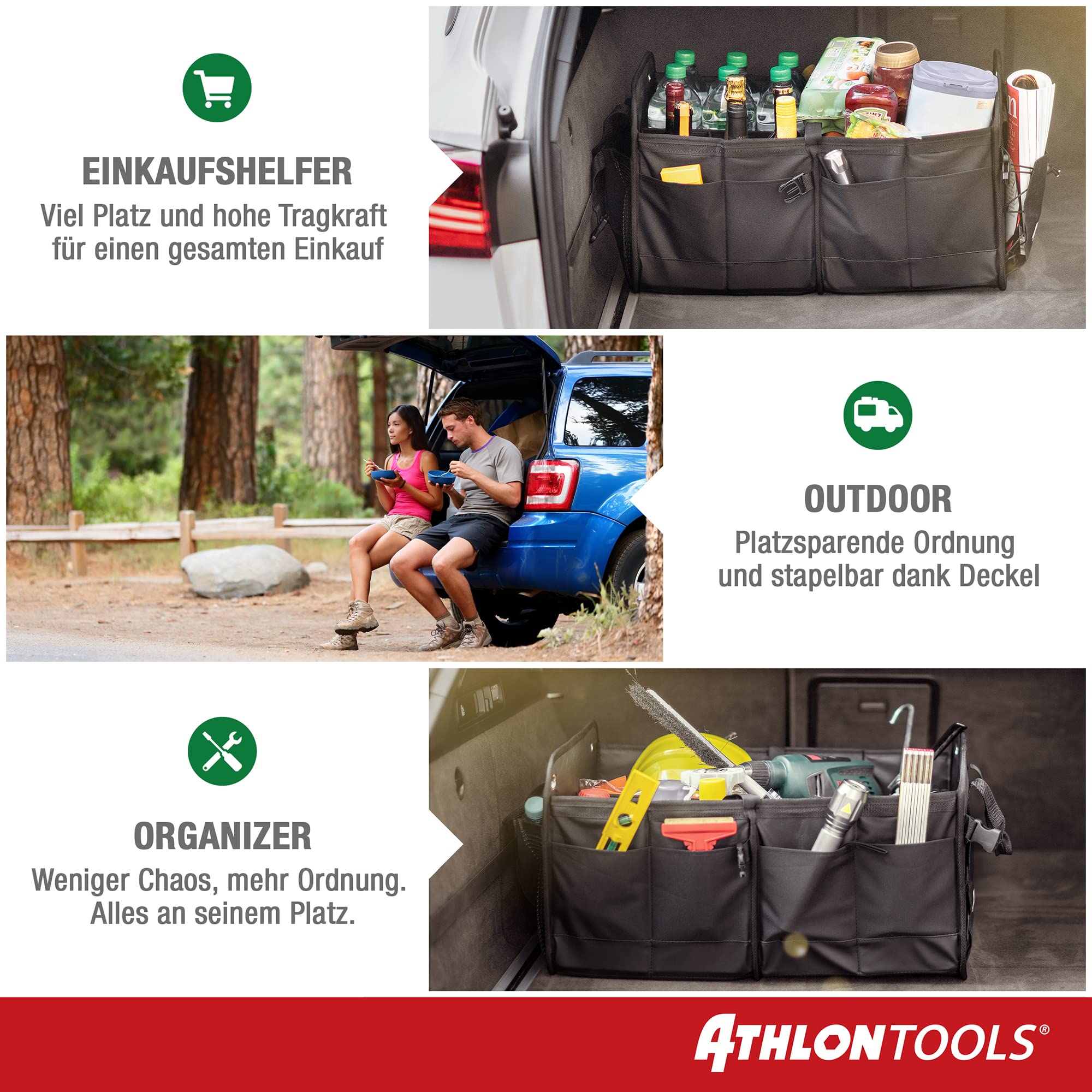 ATHLON TOOLS Premium Kofferraumtasche mit Deckel - 60 Liter XXL Auto Kofferraum Organizer - Extra stabile & wasserfeste Böden - lebensmittelecht - Antirutsch-Klett am Boden
