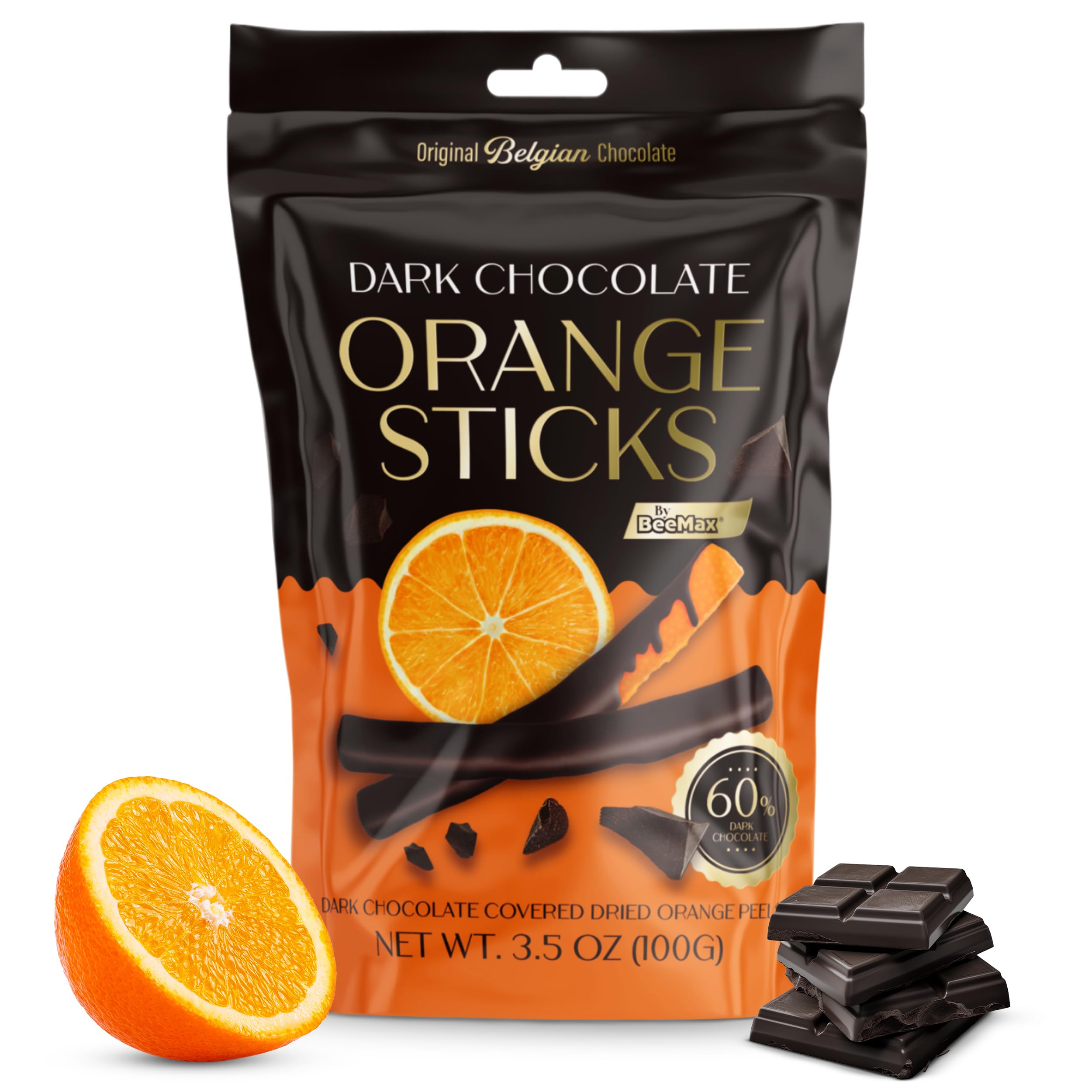 Belgian Chocolate Covered Fruit Sticks - Gourmet Covered Dried Fruit, 3.5 oz Resealable Pouch, Non-GMO, Perfect Treat for Chocolate Lovers (Dark Chocolate, Orange)