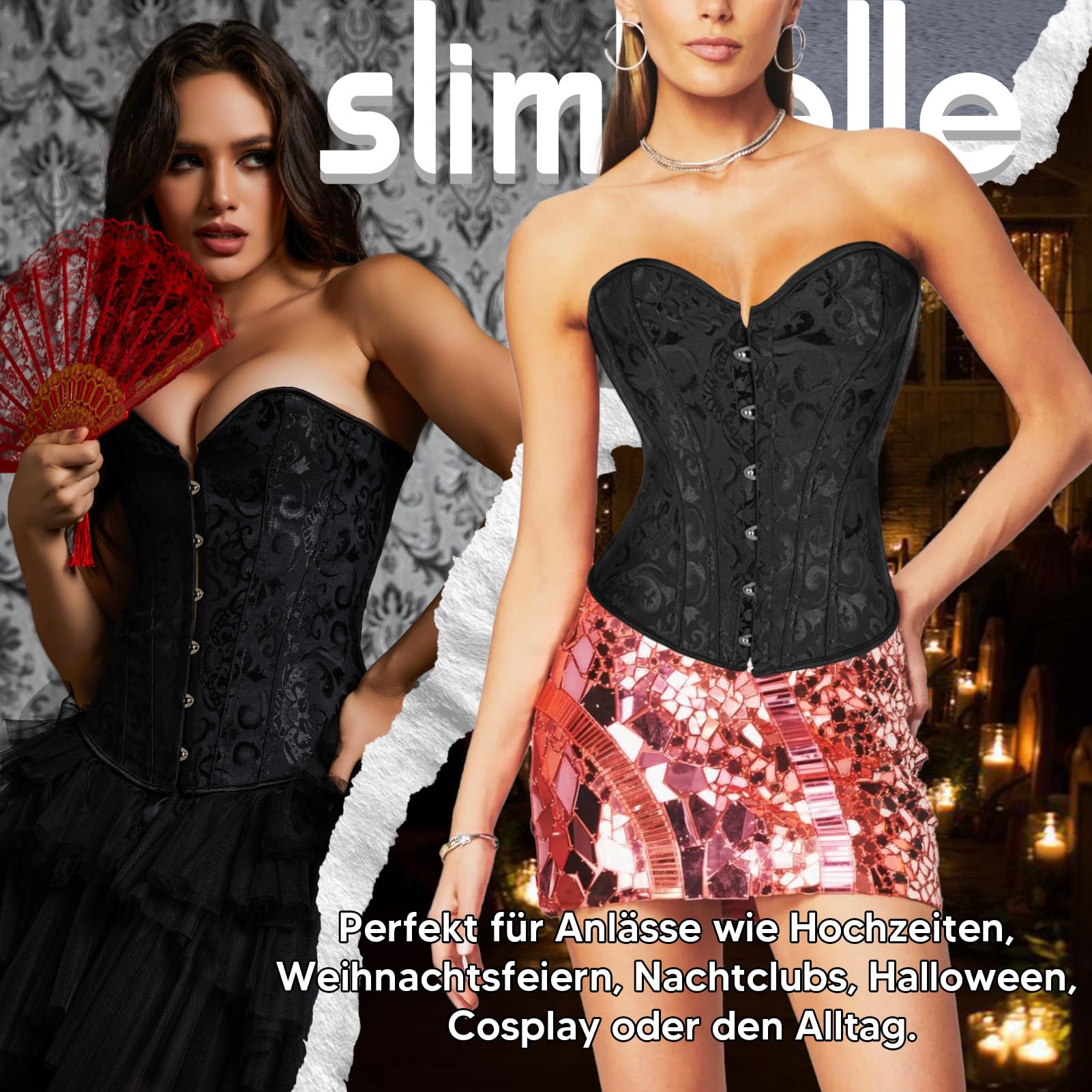 SLIMBELLE® Femmes Corset Gothique Brocart Bustier Sexy Steampunk en Satin pour Halloween Costume Lingerie de Mariée avec Ruban Lacet Overbust Top + G-String