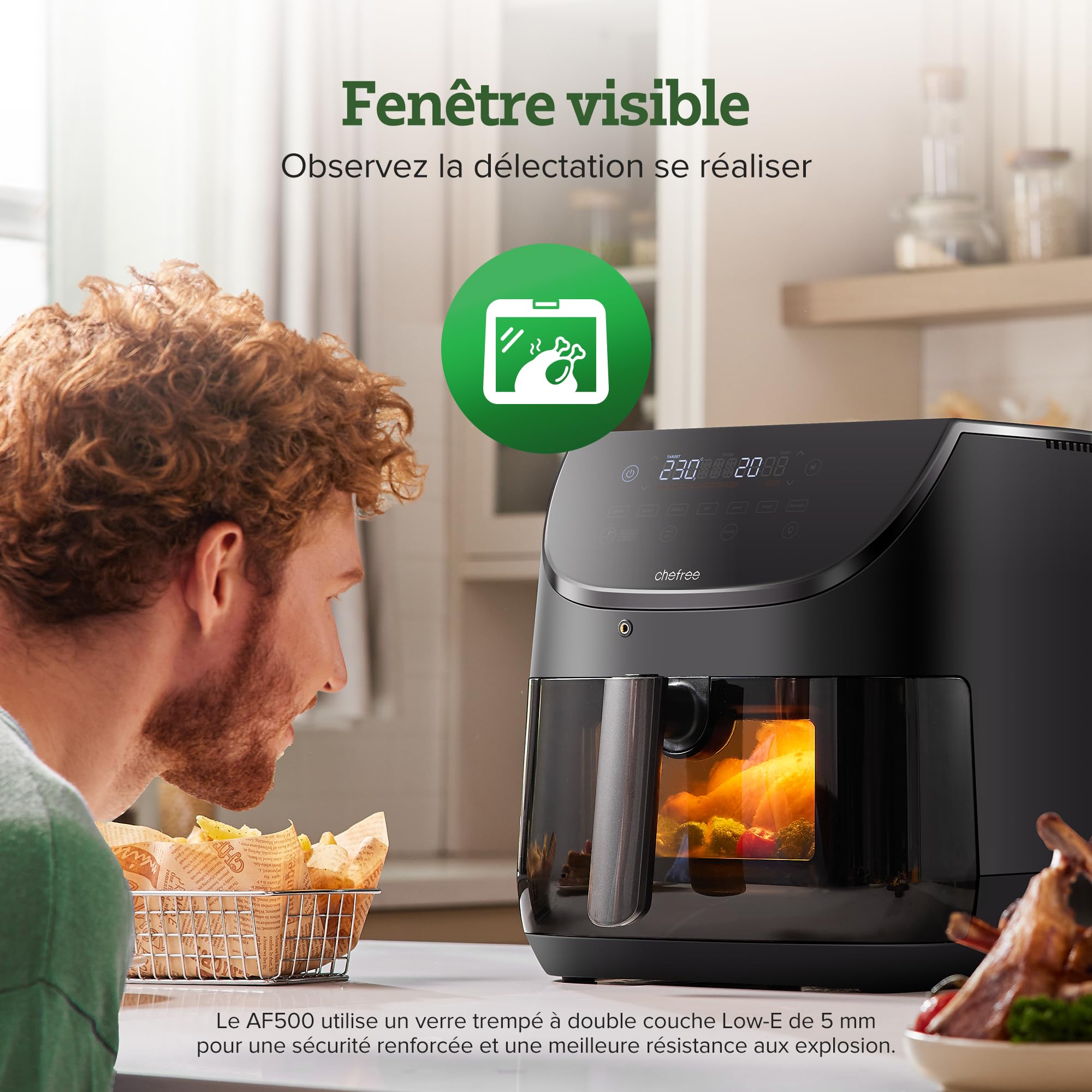 CHEFREE Air Fryer, 6.5L airfryer avec Sonde de Température, Écran Tactile LED et Vitre d'Observation, 7 Programmes pour une Cuisine Saine avec Moins d'Huile, Friteuse à Air AF500