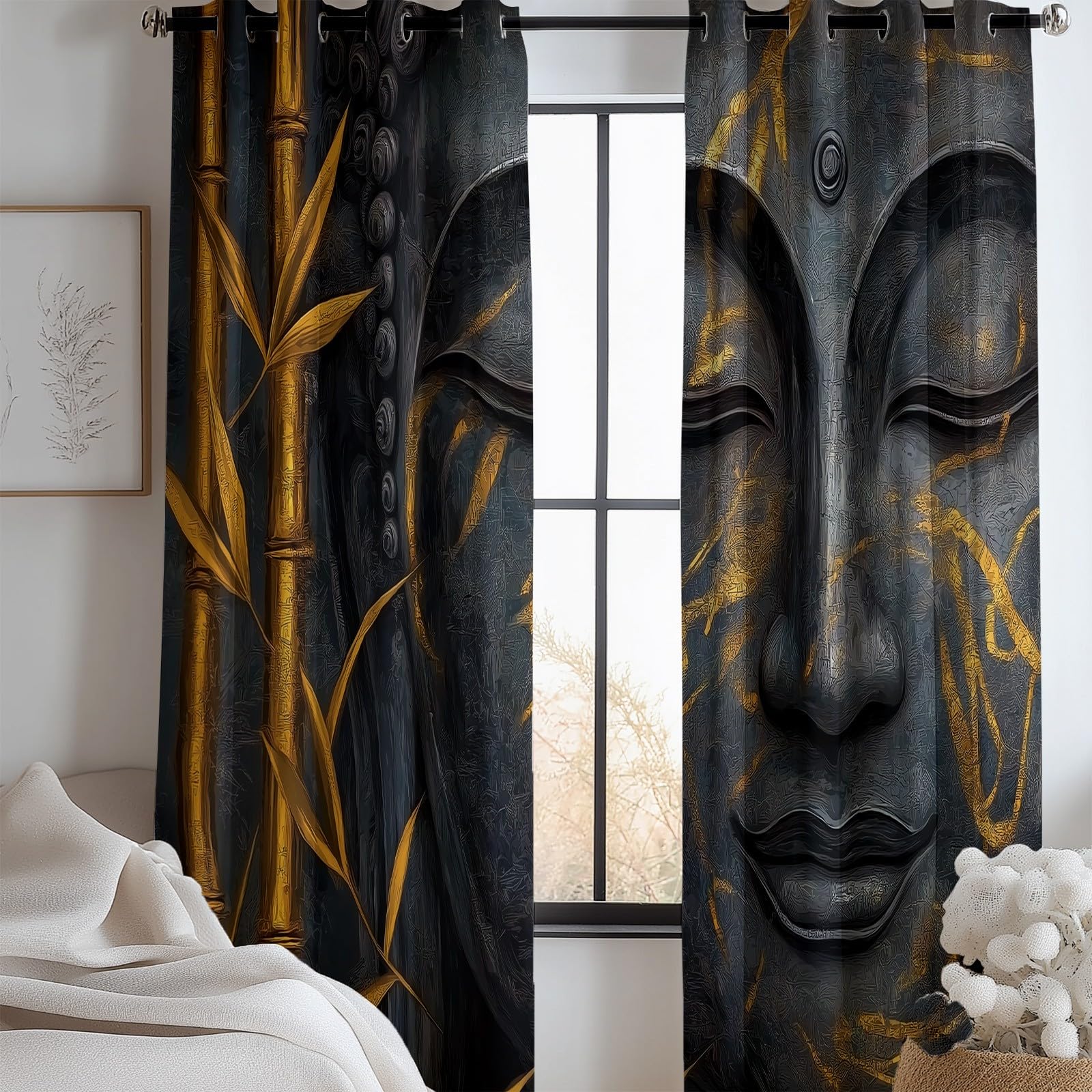 Vorhänge Surrealer Goldener Bambus, Gardinen Blickdicht Silber Verdunklungsvorhänge Thermovorhang, Polyester Gardinen Kinder Wohnzimmer Schlafzimmer Fenster, 2er Set, H 260 x B 140 cm