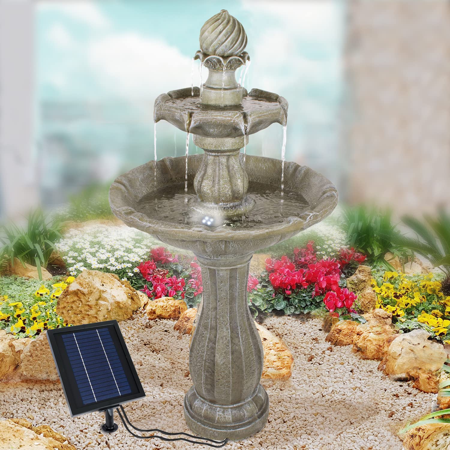 Gartenbrunnen Solarbrunnen Klassik-Garten Brunnen Vogelbad Wasserfall, Gartendeko mit Pumpe, Wasserspiel für Garten Terrasse, Balkon, Sehr Dekorativ, Led-Licht-Gartenleuchte