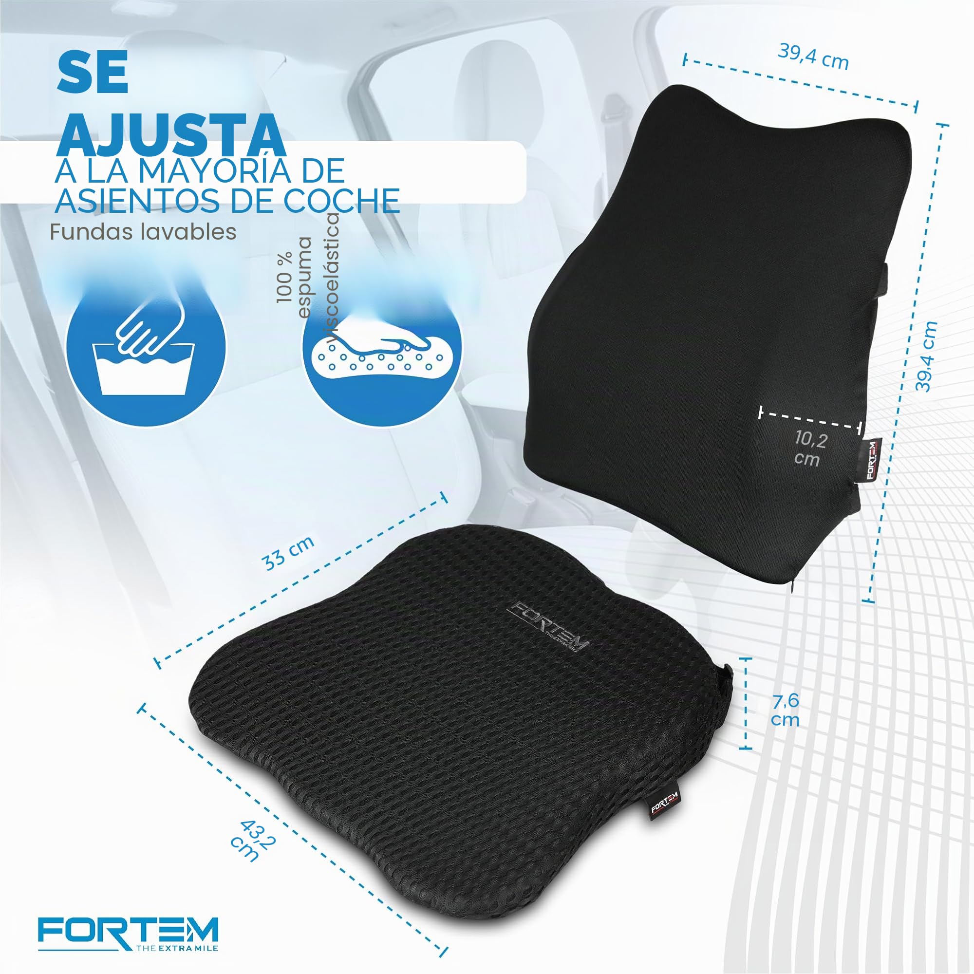 FORTEM Cojín para Asiento De Coche Y Soporte Lumbar, Cuña Ergonómica De Espuma Viscoelástica, Respaldo Cómodo para Conducir, Base Antideslizante, Correas Ajustables, Funda Lavable