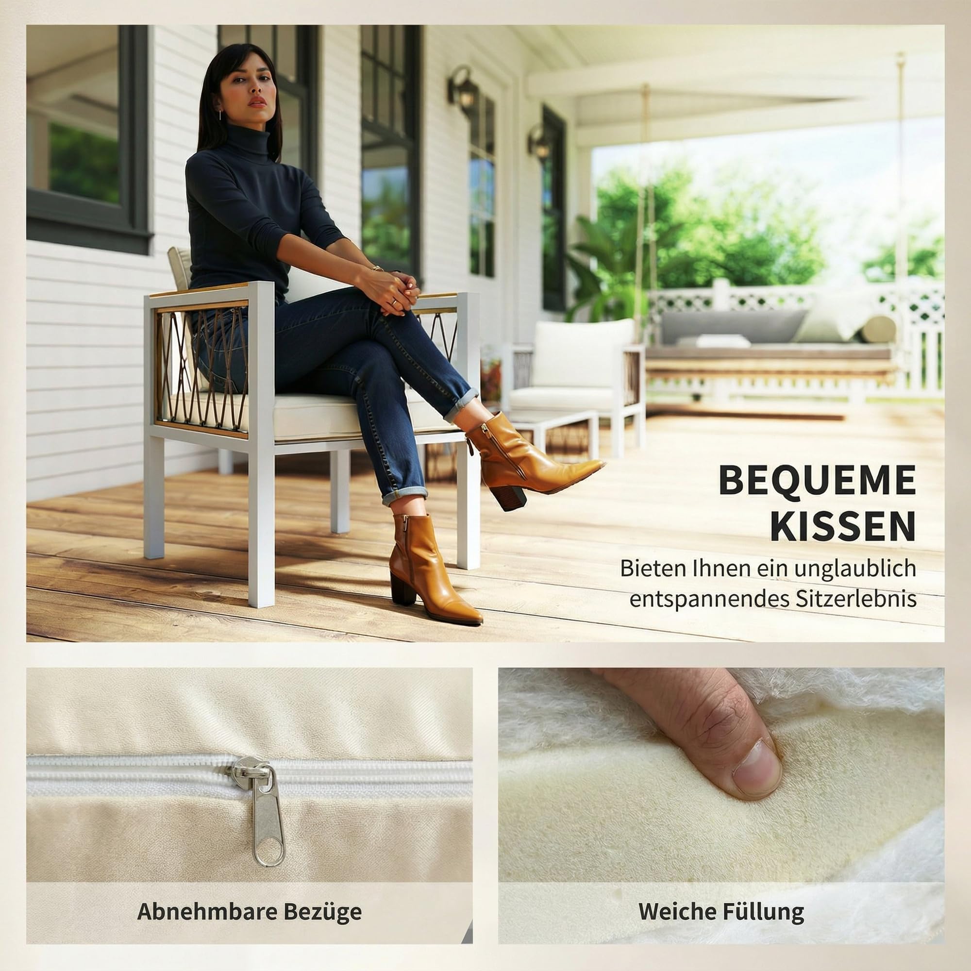 Outsunny Gartenmöbel Set 4-Teilig Polyrattan für 4 Personen Cremeweiß | Lounge-Set mit Zweisitzer, 2 Sessel, Glastisch, Abnehmbare Kissen, Rutschfeste Matte, Balkonmöbel Sitzgruppe