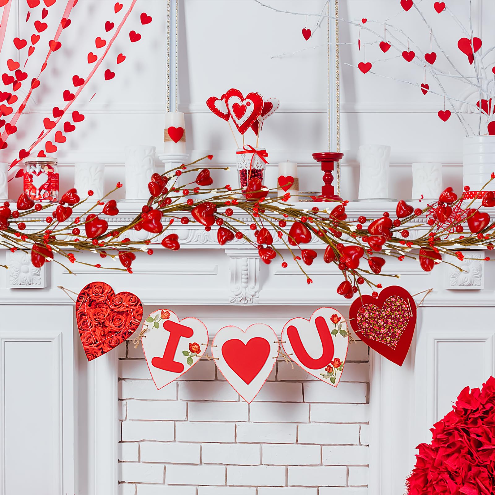 Winlyn 13 cm Valentinstag-Girlande, rotes Herz und Beerengirlande, rotes Herz, Burgunderrot, Beere, künstliche Girlande, Dekorationen für Frühling, Hochzeit, Valentinstag, Kamin, Kaminsims,