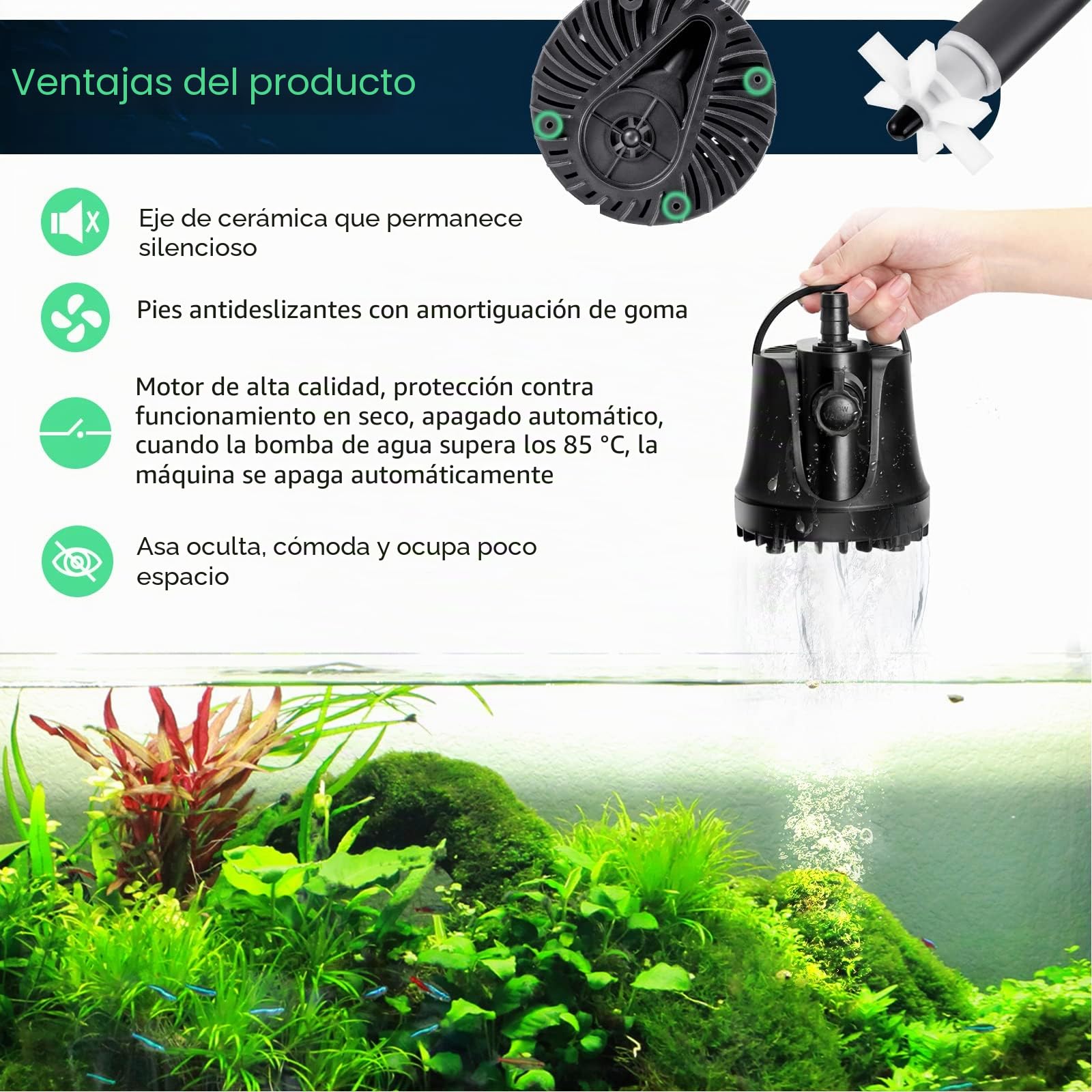 AQQA Bomba de agua sumergible, 1000L/H bomba de agua de acuario ultra silenciosa,estanque de fuente de tanque de peces de alta elevación