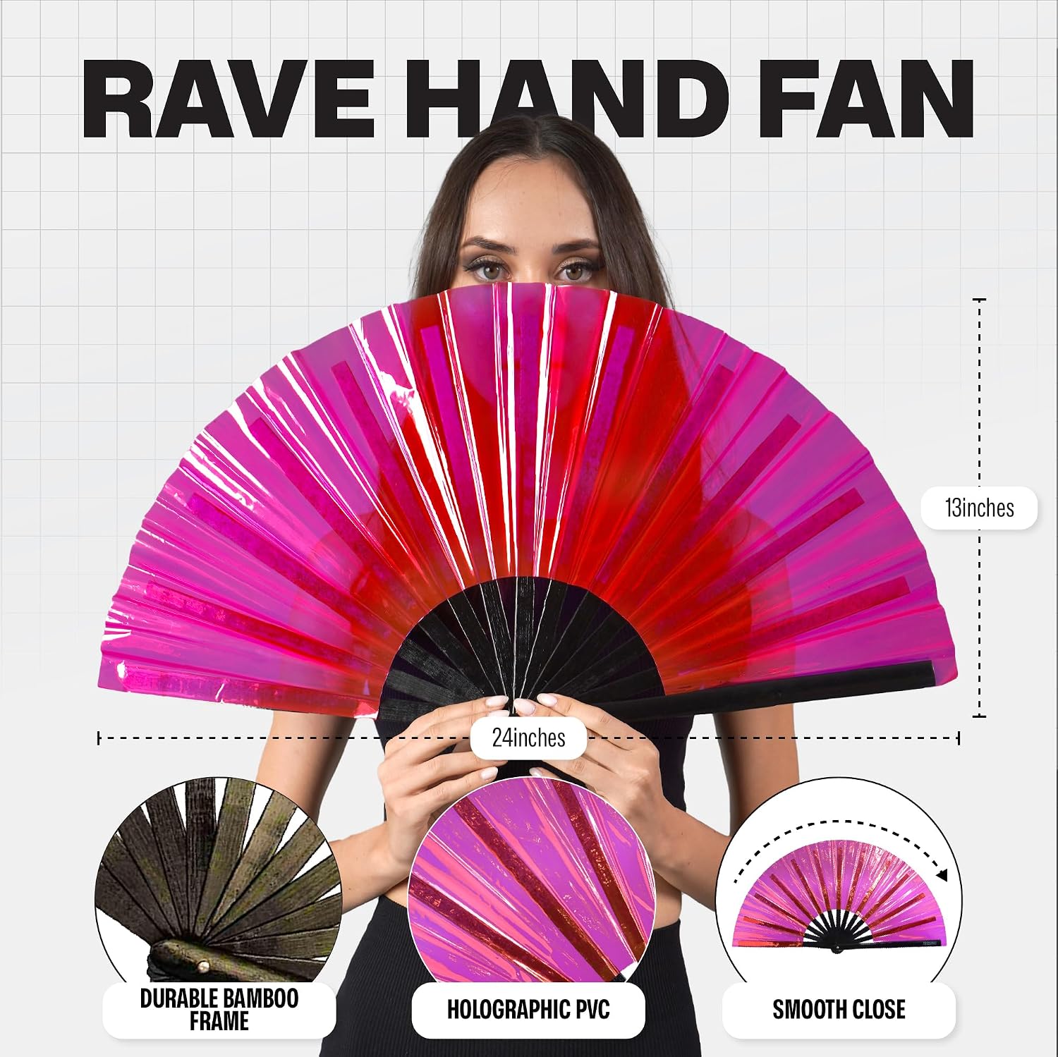SoJourner Bags Holographic Hot Pink Rave Fan - Large Folding Clack Fan for Men and Women - Rave Accessories for EDM, Line Dancing, Cosplay, Concerts and More image 3