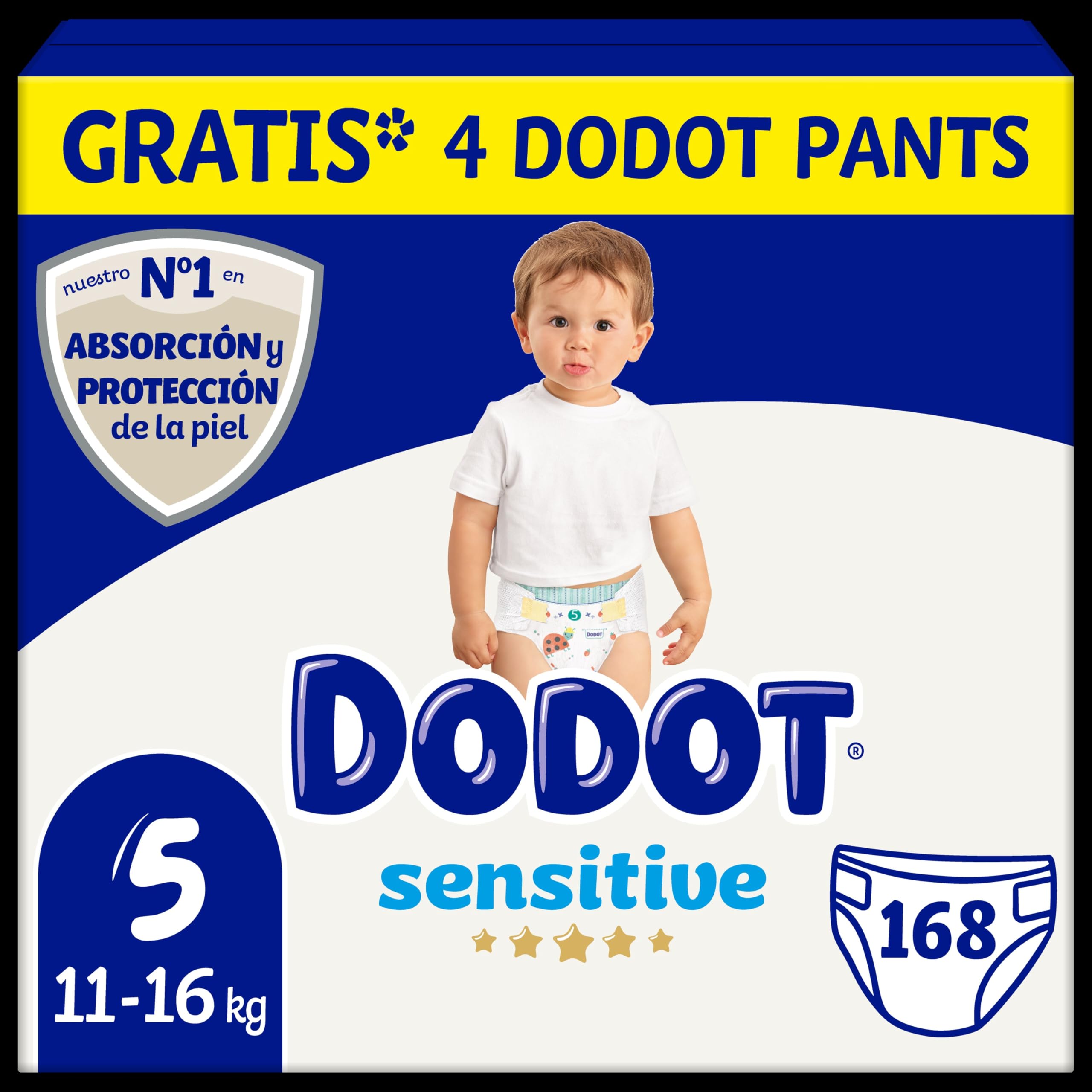 Dodot Bebé Sensitive Windeln, Größe 5, 11-16 kg, 168 Windeln und 4 Hose, Geschenk, optimaler Hautschutz, deDodot, Monatspack