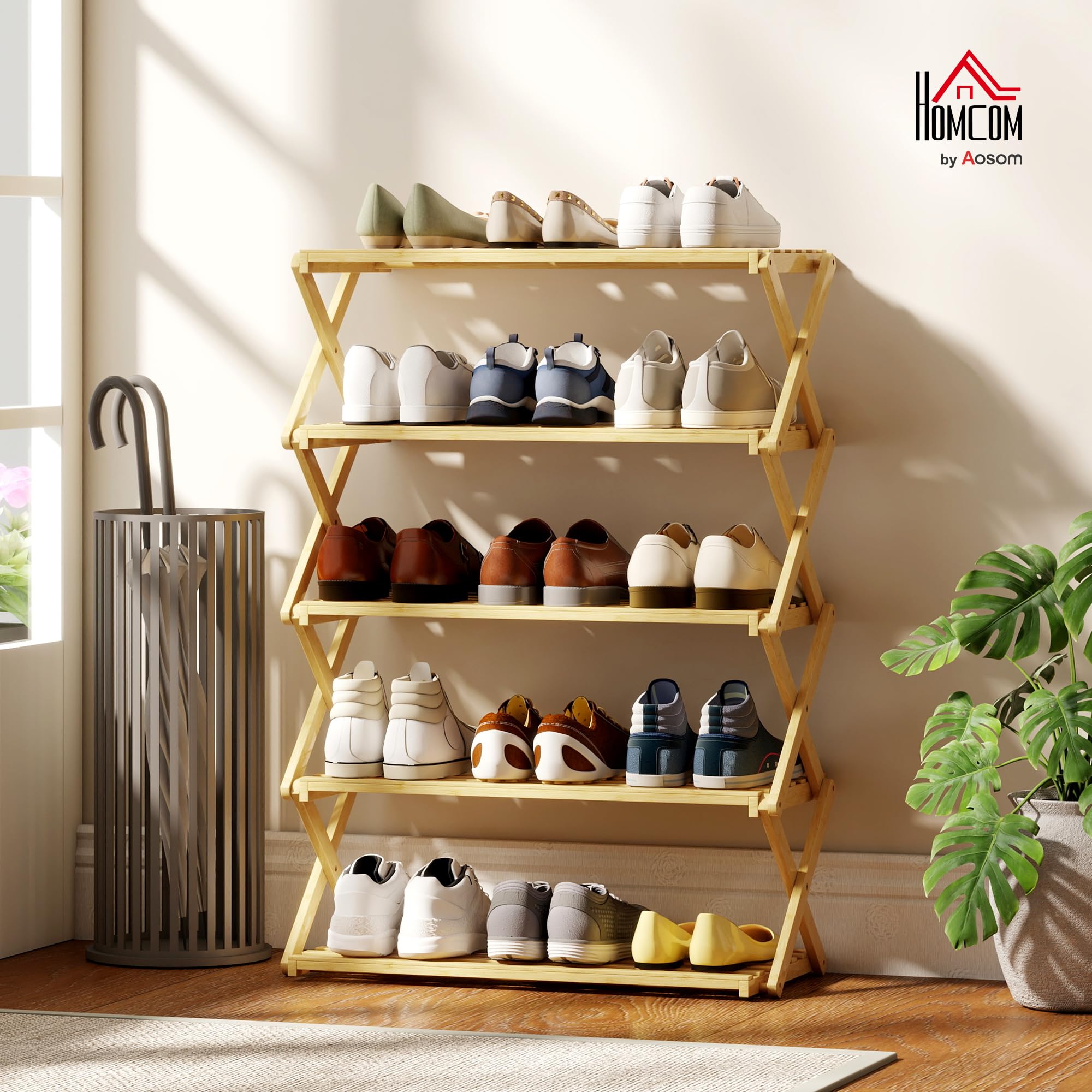 HOMCOM Zapatero Estrecho de Bambú, 5 Niveles, Sin Instalación, Natural | Zapatero Vertical Plegable, Estantería para Zapatos, Entrada, Pasillo, Dormitorio