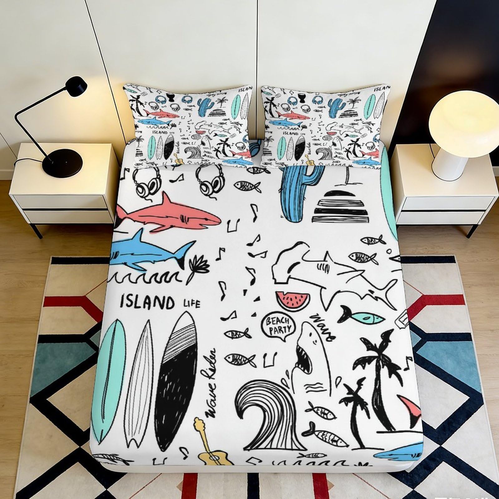 Jqzkxnhpbr Style-9 3D Printed Surf Shark Fitted Sheet Microfiber Soft Breathable Tropical Island Bed Cover For Bedroom Guest Room Decor 90X200x25cm