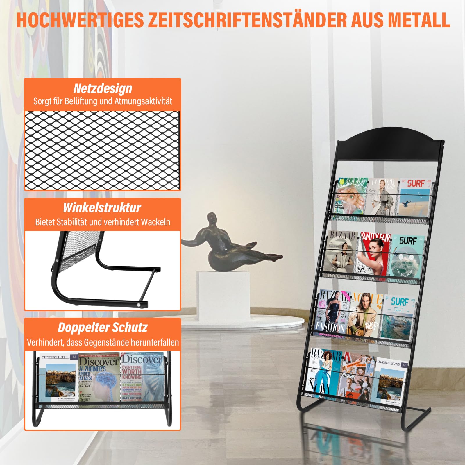 SUNDOY Extra groß Zeitschriftenständer, bodenstehender Literaturständer mit 4 Taschen Prospektständer Für Büros und Messen (38Tx63Bx157H-cm-ohne Räder)