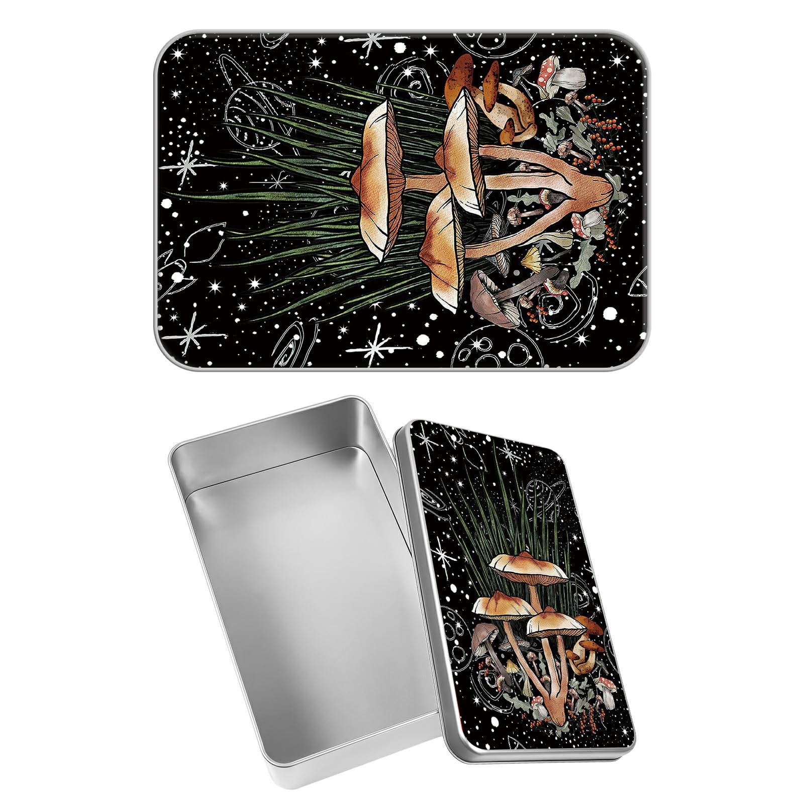 Rectangular Metal Tin Box with Removable Lid, Mushroom Space Moon Decorative Printed Metal Storage Container for Sweets Jewelry Tea Candies Cakes 7 x 4.33 x 2.17 inch– Single Pack