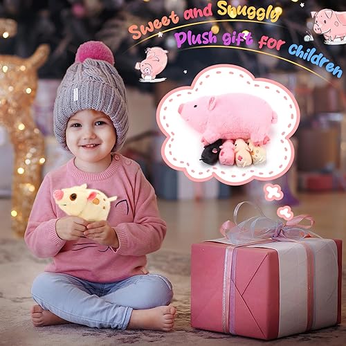 Miniatura 7 de Honoson Cerdo de peluche con bebés, juego de peluche suave para niños pequeños, mamá cerdo de peluche con 4 lechones magnéticos de peluche para