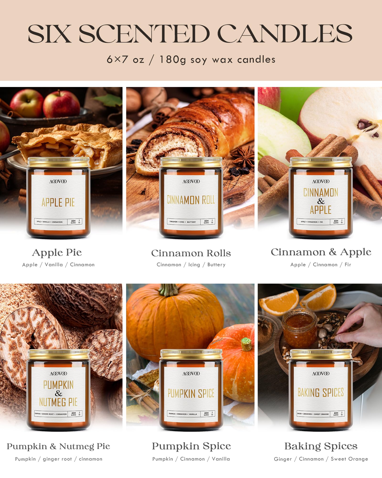 AOOVOO Velas perfumadas otoñales – 6 velas de cera de soja de 1197 g, velas perfumadas de cera de soja para el hogar, tarta de manzana/canela/manzana/pastel de nueces de calabaza/especia para hornear