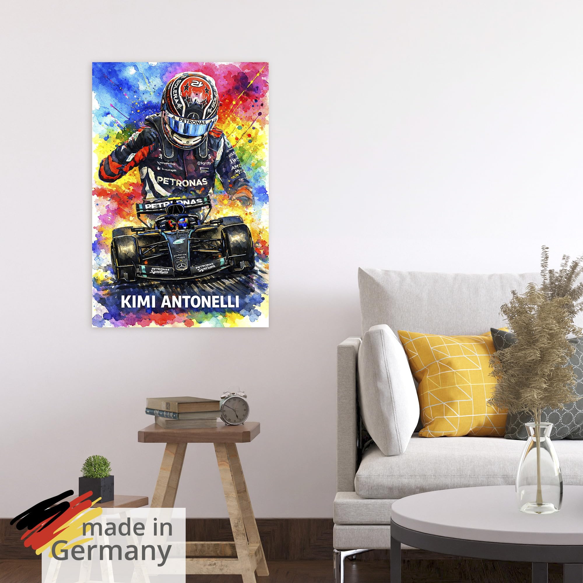 ARTLAND Wanddeko Poster & Kunstdrucke Wandposter 80 x 120 cm Kimi Antonelli Mercedes F1 Aquarell Illustration Rennsport Deko für Fans & Sammler U6FH