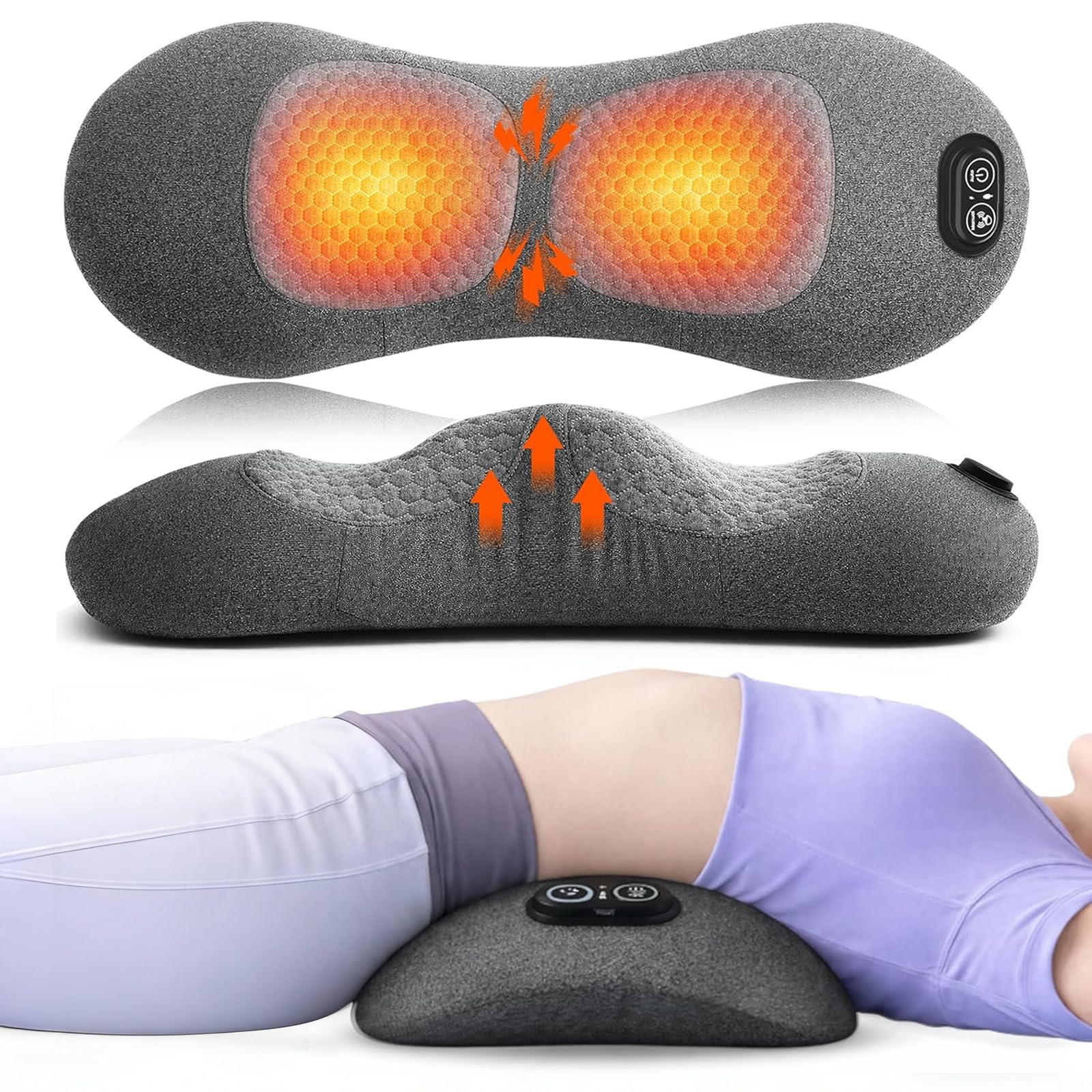 3 in 1 electric lumbar support pillow with adjustable height for bed and chair, back massager with heat, back massager for pain relief deep tissue, electric lumbar pillow with heat vibration traction