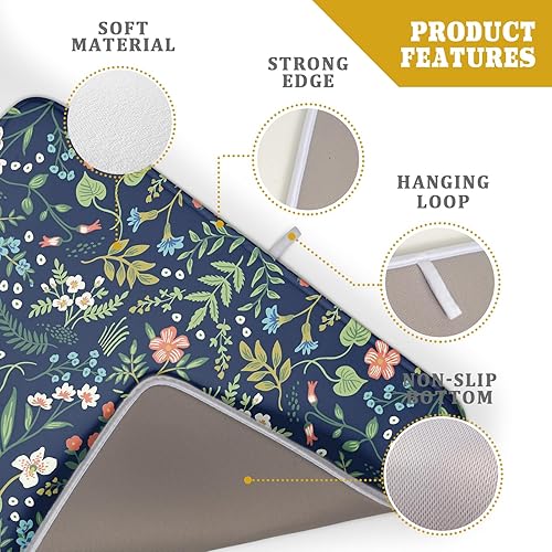 Miniatura 4 de Tapete de secado de platos de flores florales de 18 x 24 pulgadas, tapete de secado de microfibra azul marino con lazo para colgar, tapete