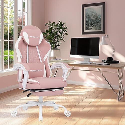 Miniatura 2 de Misolant Silla de videojuegos, silla de tela con reposapiés para adultos, silla ergonómica de respaldo alto con reposacabezas ajustable y soporte