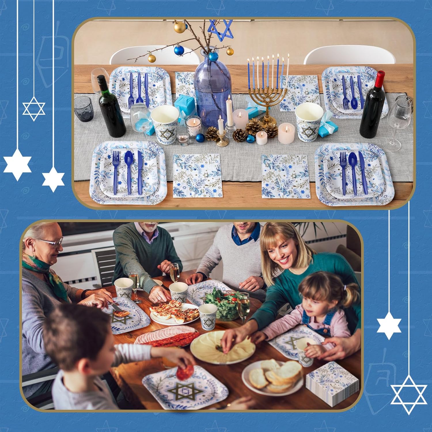 350 Pcs Hanukkah Paper Plates and Napkins Set 9 Inch 7 Inch Disposable Durable Dinnerware Menorah Star of David Chanukah Party Supplies Tableware Serve 50 Guest Cups Knife Forks Spoon