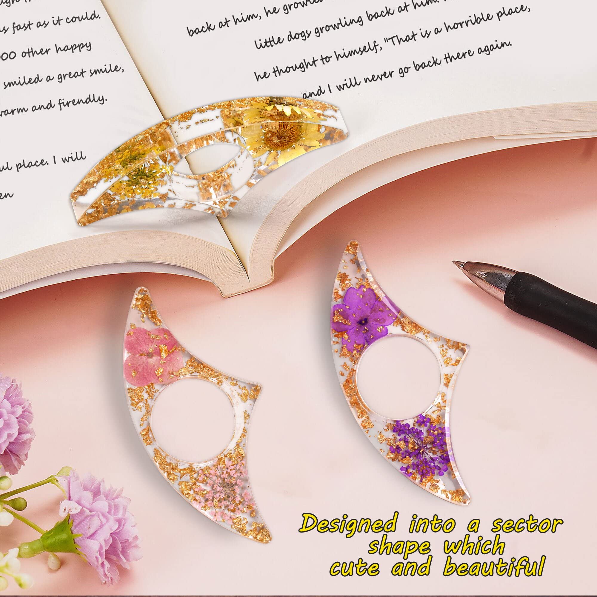 3 Pieces Book Page Holder-Dried Flower Resin Thumb Book Holder-Handmade Resin Holders Light Weight Book Opener Bookmarks Book Reading Accessories for Teachers Book Lovers (Sector Style) - Image 3