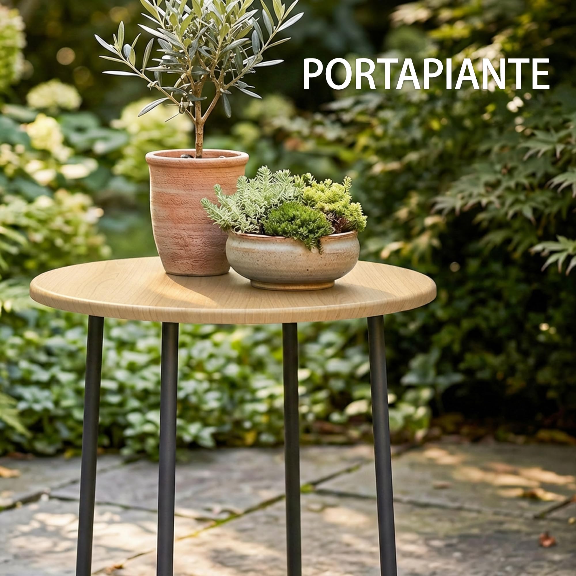 Outsunny Tavolino da Giardino Rotondo, Tavolino da Esterno in Metallo, per Balcone e Terrazzo, Ø48x51 cm, Effetto Legno Naturale