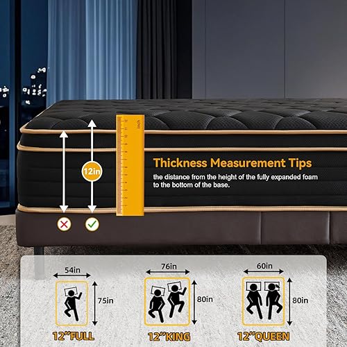 Miniatura 18 de Colchón tamaño King de 12 pulgadas, colchones tamaño King en una caja, espuma viscoelástica de gel refrescante, alivio de presión, colchón híbrido