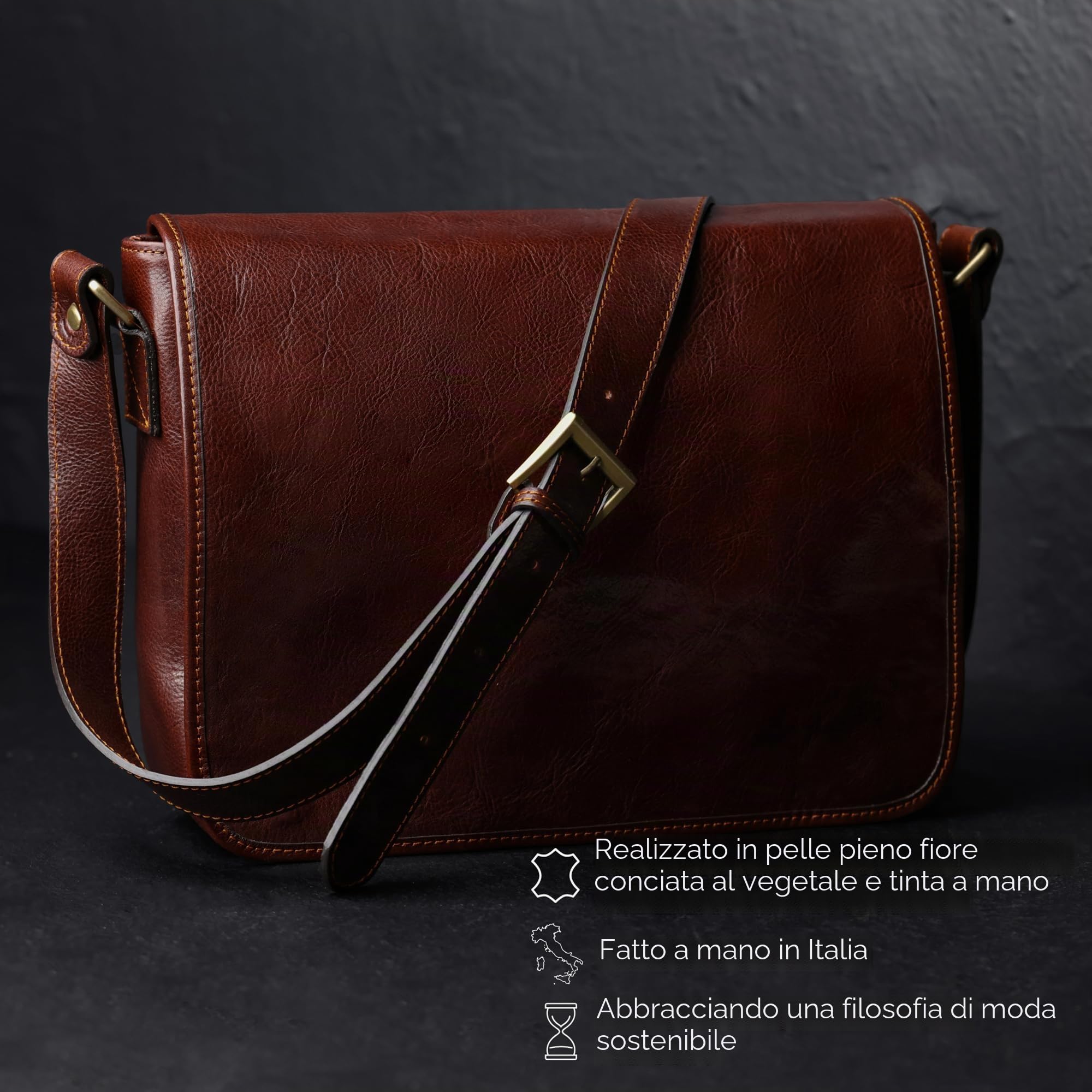Leather Messenger Bag for Men, Handmade Crossbody Bag, Shoulder Bag Made in Italy - Time Resistance, cognac.