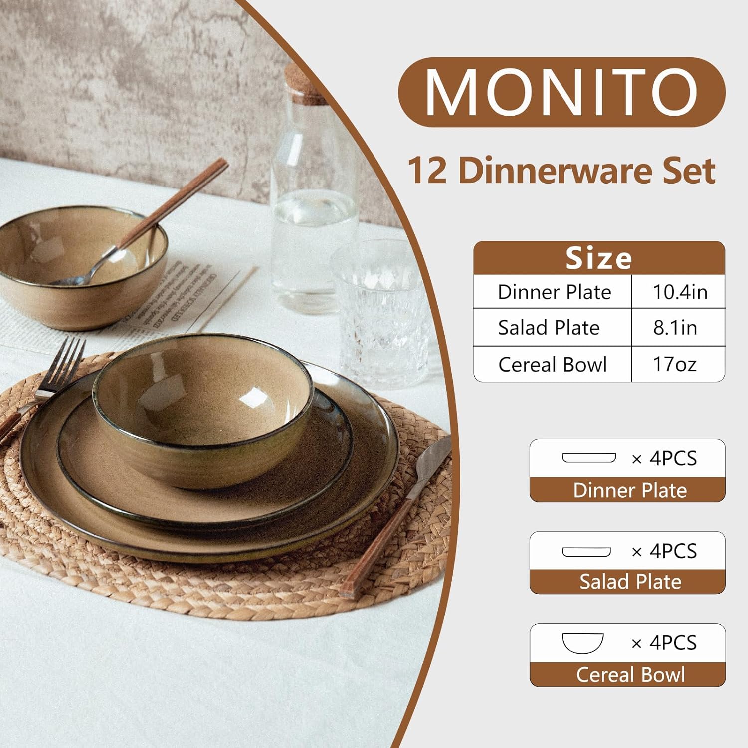 Ceramic Dinnerware 12 Pieces Dinnerware Sets Cereal Bowls Reactive Change Glaze Dish Sets, Modern Stoneware Dishe