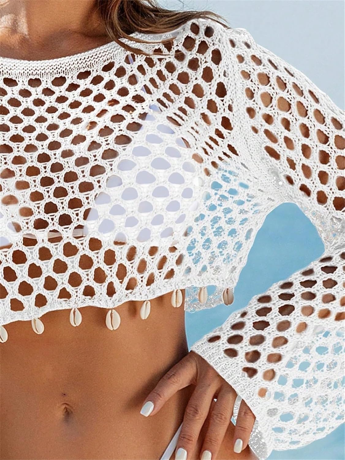 Women Swimsuit Cover Up Round Neck Long Sleeve Hollow Out Crop Cover Up Top