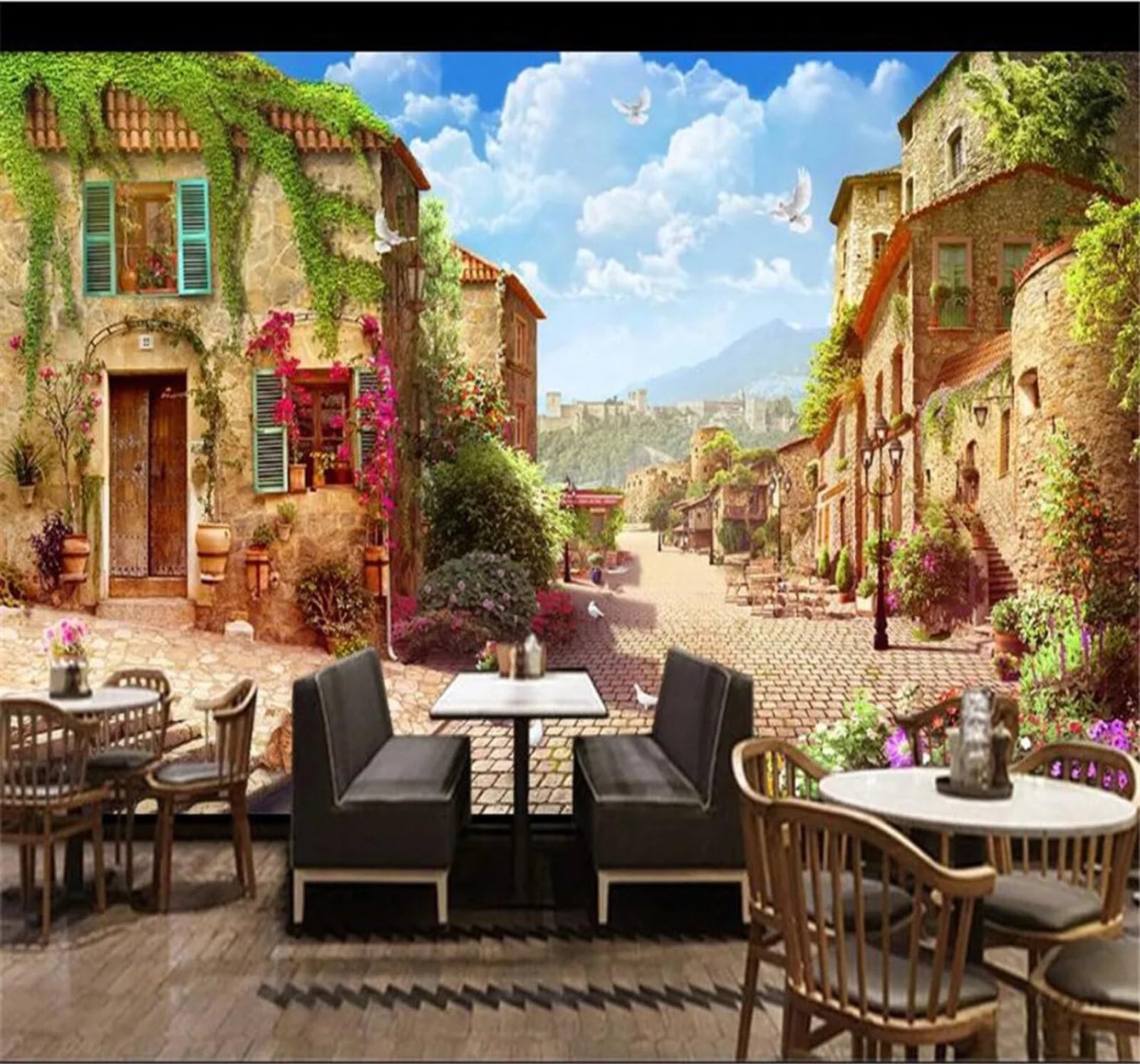 Xlming 200Cm×140Cm(B×H) Aesthetic Retro Small Town Architecture Landscape 3D Wallpaper Silky Texture Home Study Office Grey Dining Room Sofa Bedroom Living Room Tv Backdrop-200Cm×140Cm